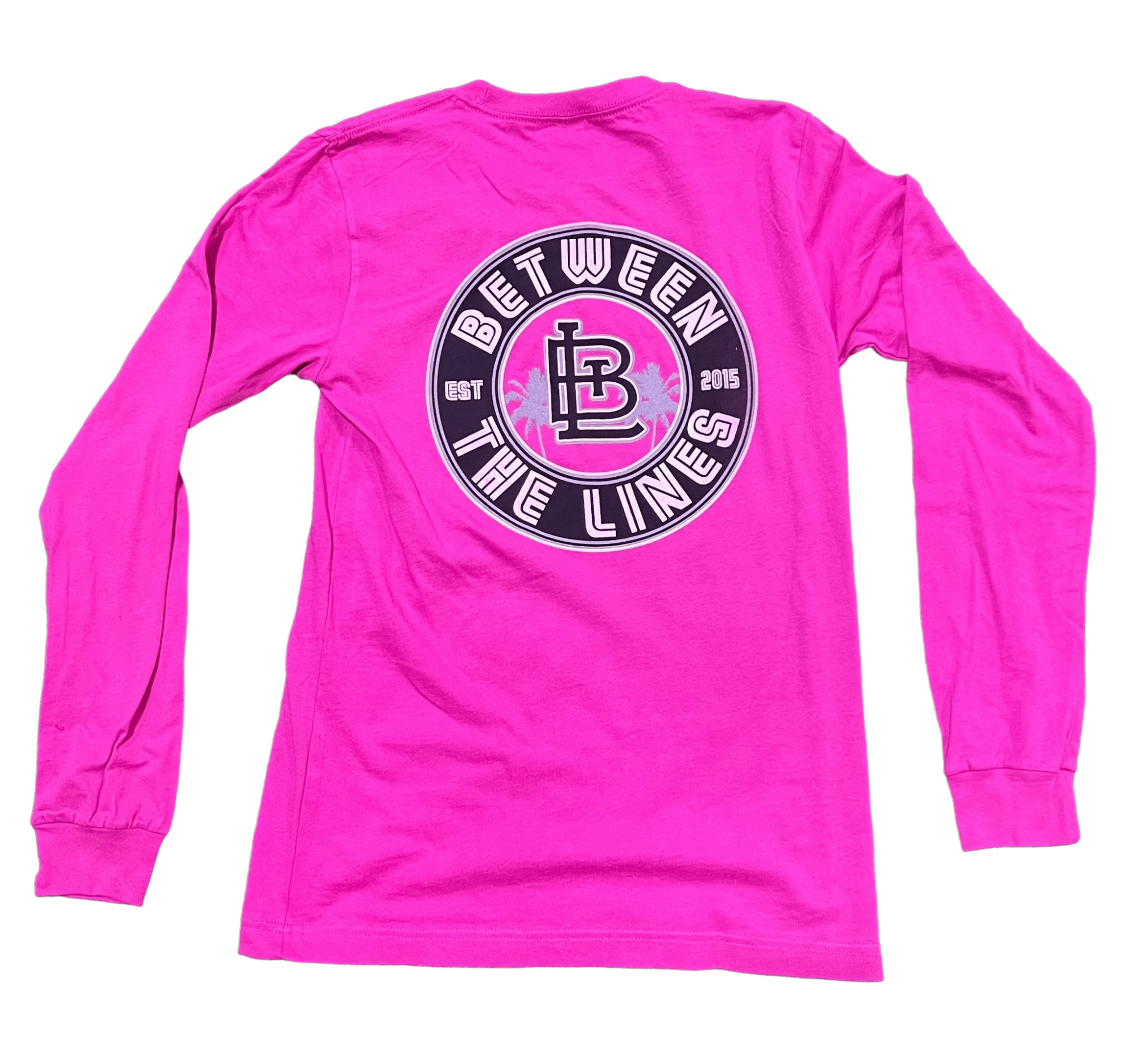 Long sleeve pink "Between The Lines" palm tree shirt featuring a stylish logo print on the back.