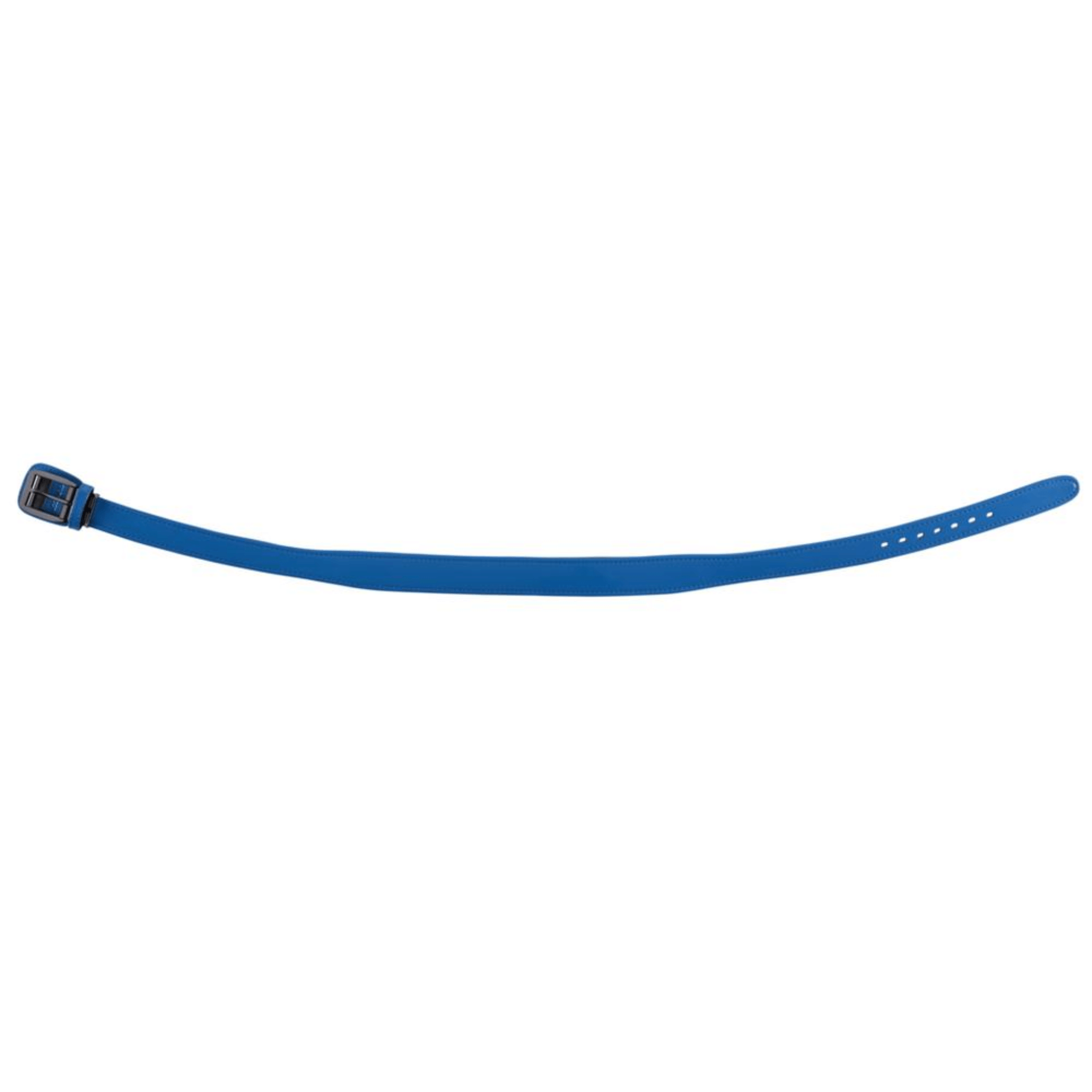 Side view of blue Mizuno Power Belt with black buckle and rounded edges.