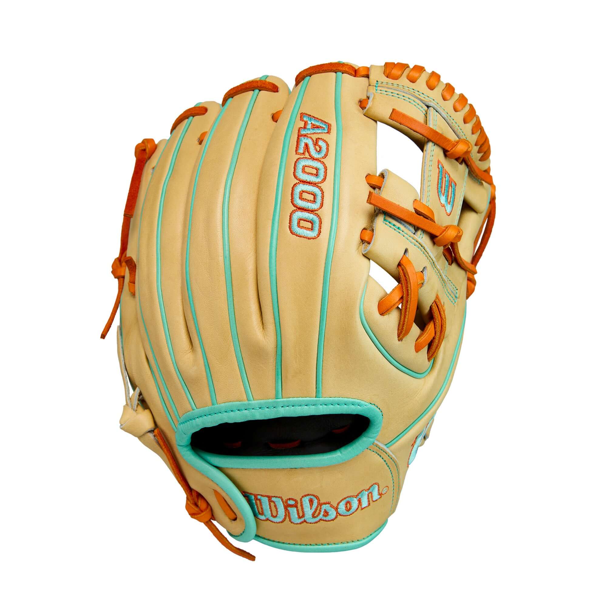 Back view of the Wilson A2000 DP15 highlighting Blonde Pro Stock® leather and vibrant orange and seafoam detailing.