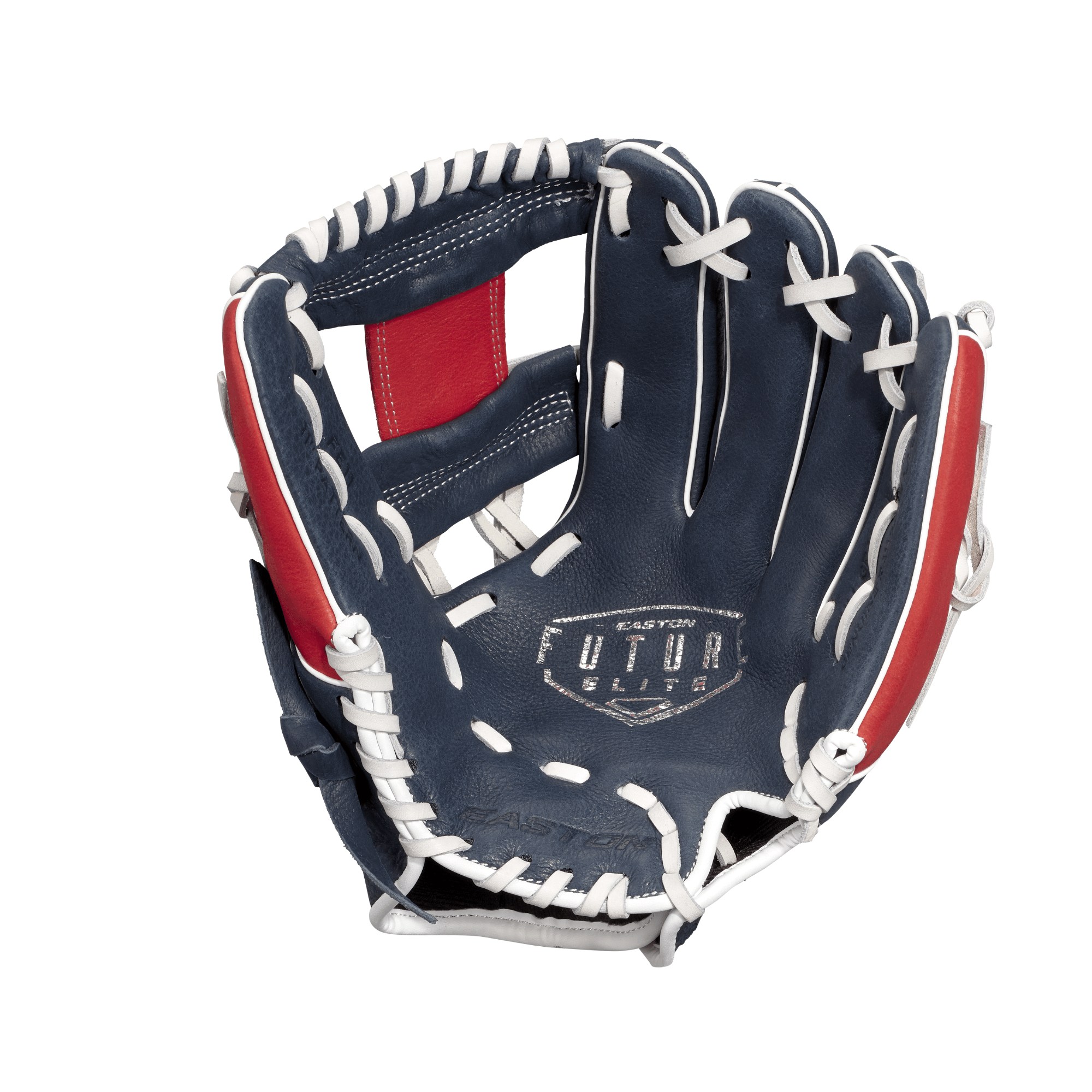 Easton Future Elite Series 11" youth baseball glove in navy and red with Flex Notch closure system for easy use.
