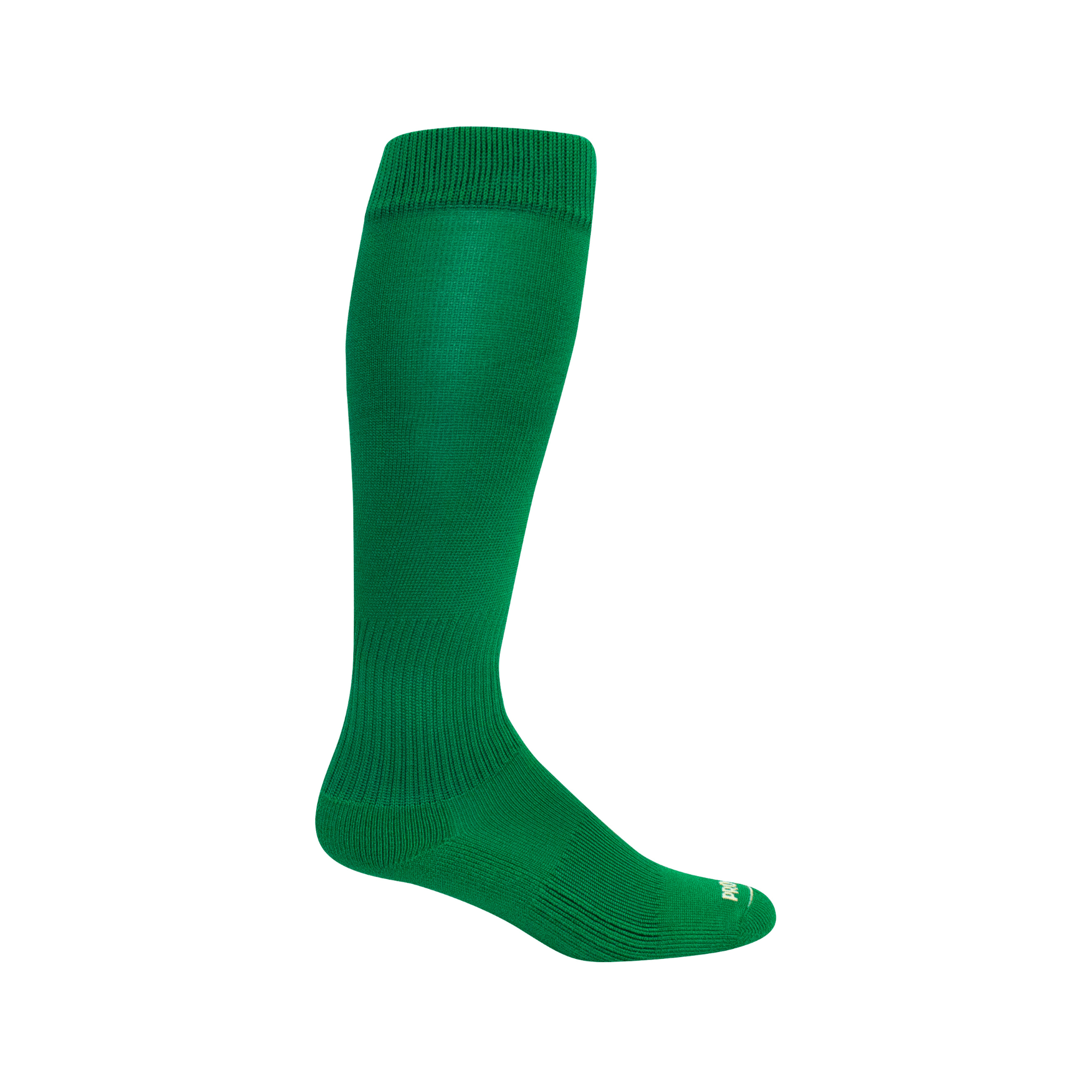 Side view of green Pro Feet Performance Over-the-Calf 7-9 sock with ribbed top and cushioned foot.