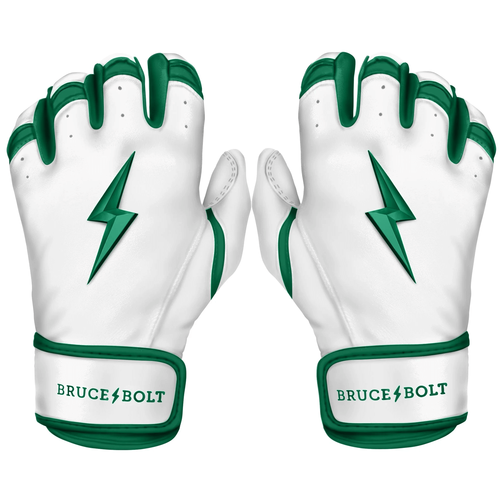 Bruce Bolt Youth Premium Pro Chrome Short Cuff Batting Gloves in Green, ideal for young athletes in baseball.