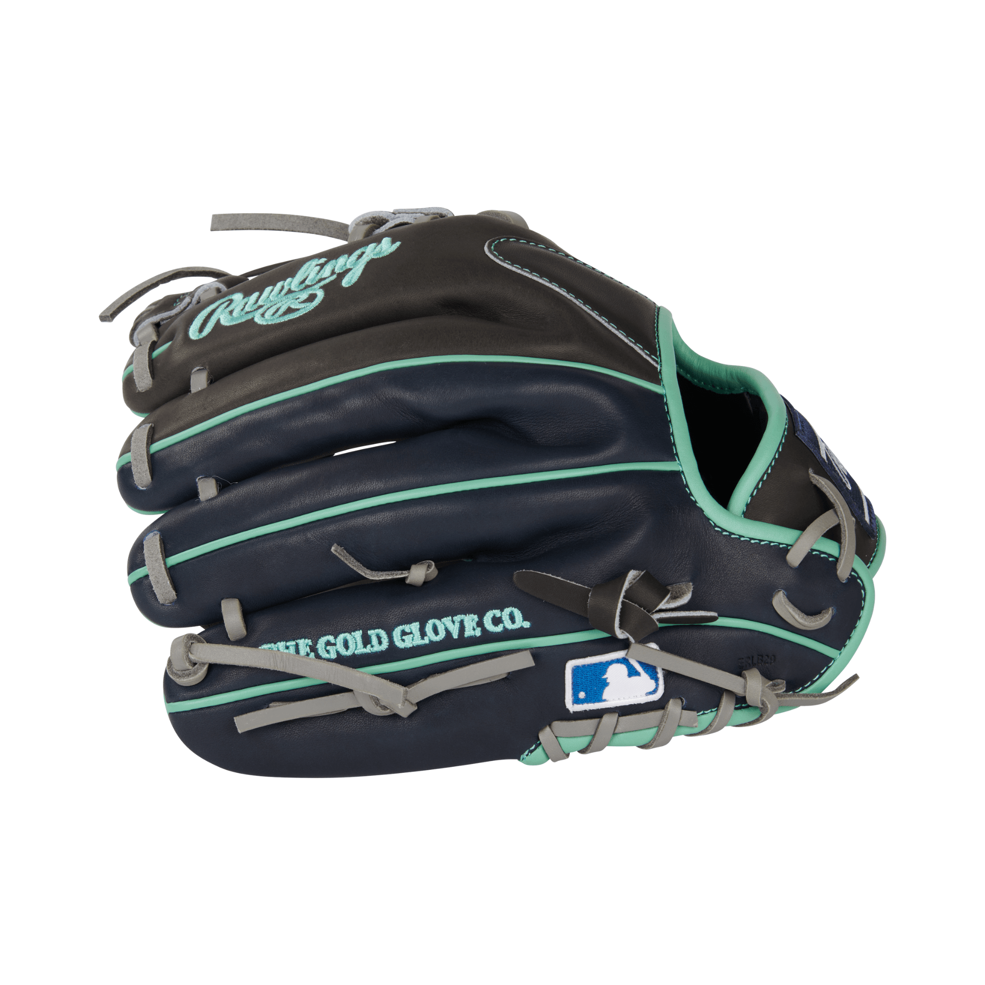 Rawlings Heart of the Hide R2G Contour Fit Series RHT 11.25" baseball glove in navy and mint color.
