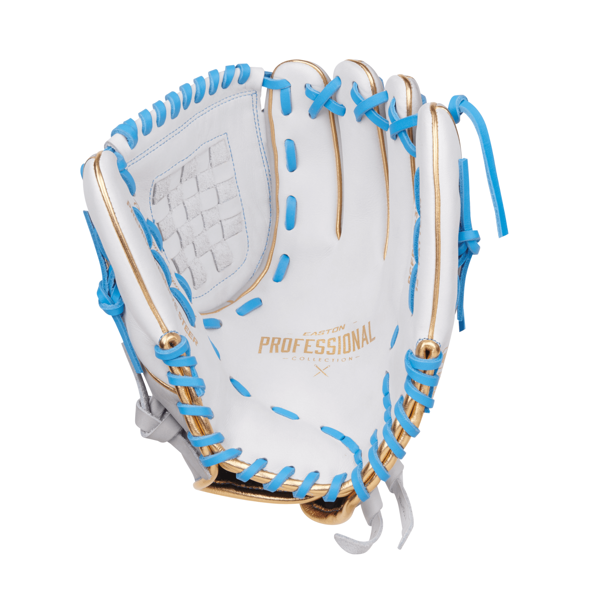 Easton Pro Collections Series 12" Fastpitch Softball Glove in white and blue with gold accents.