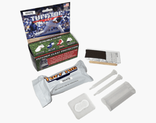 Tuff Toe Pro Shoe Protection kit with white cleat guard, application tools, and packaging for durable footwear defense.