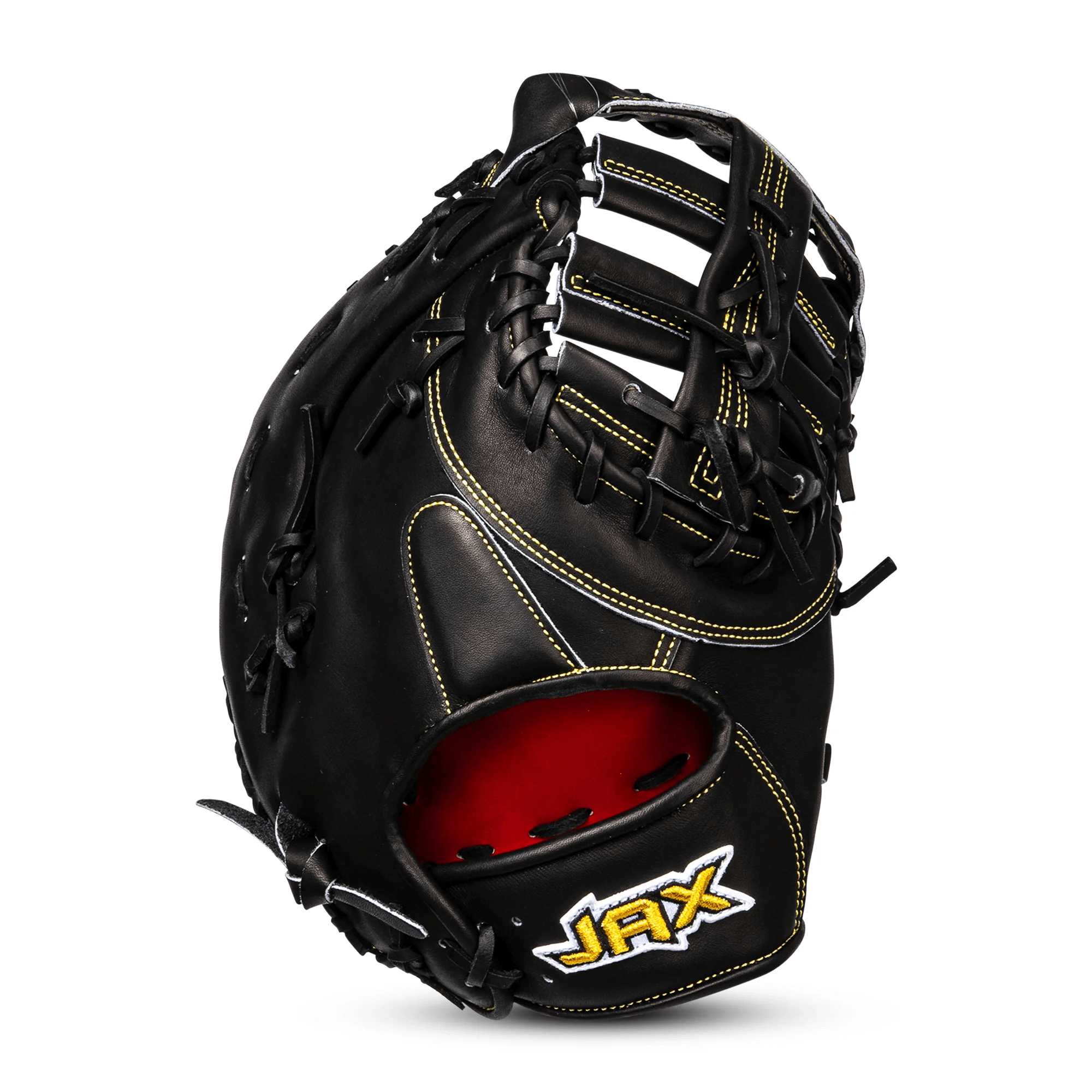 Jax PL-4 First Base Glove 13” back view showing black steerhide leather and gold stitching.
