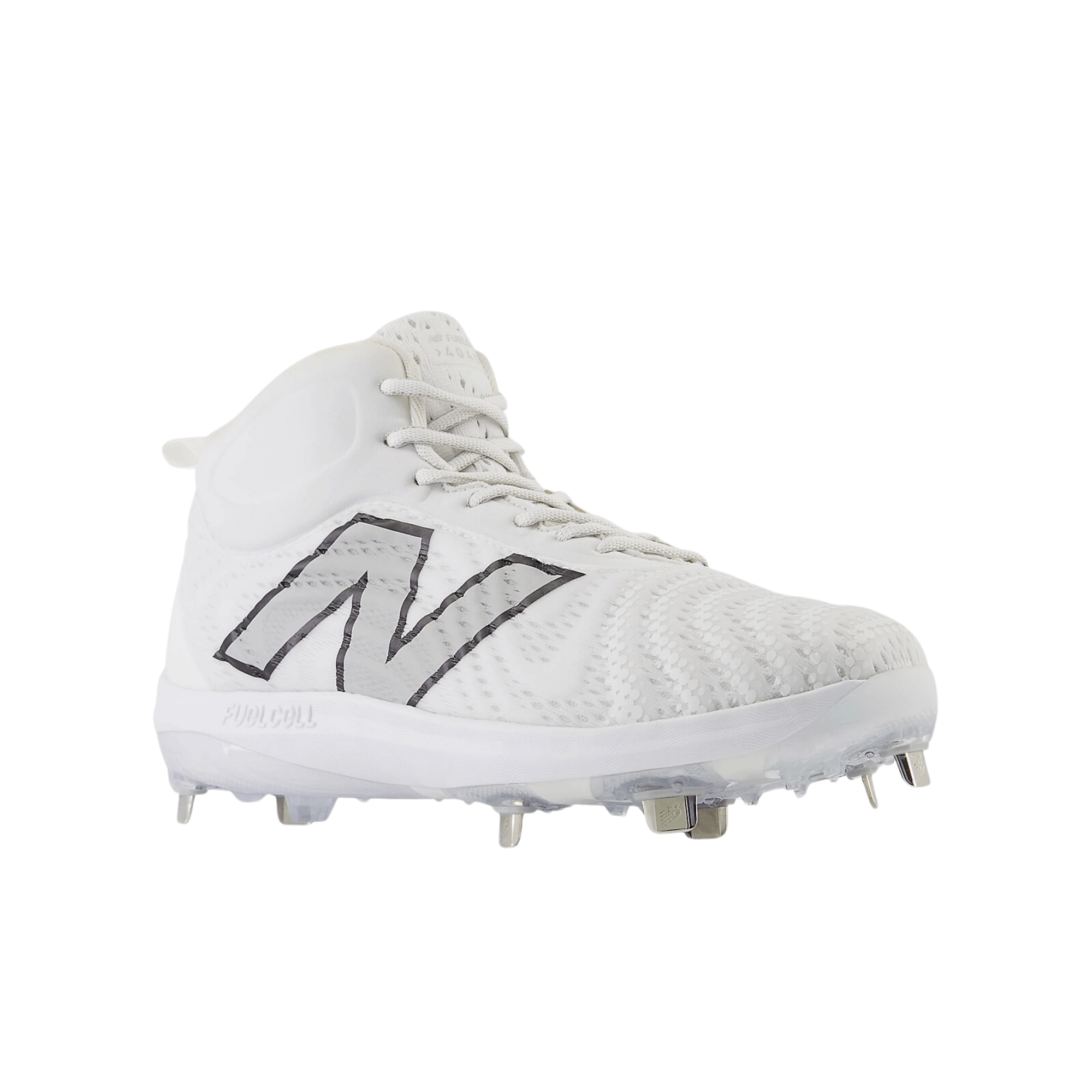 New Balance FuelCell 4040 v7 Mid-Metal baseball cleat in optic white with black detailing.