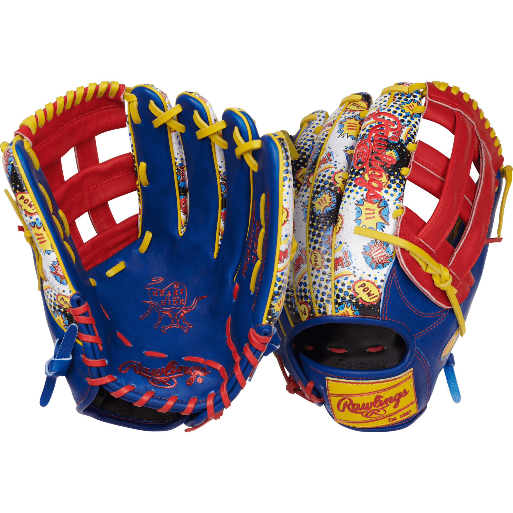 Front and palm view of the Rawlings Comic Glove showcasing the Pro-H web and deep pocket design for optimal ball control.