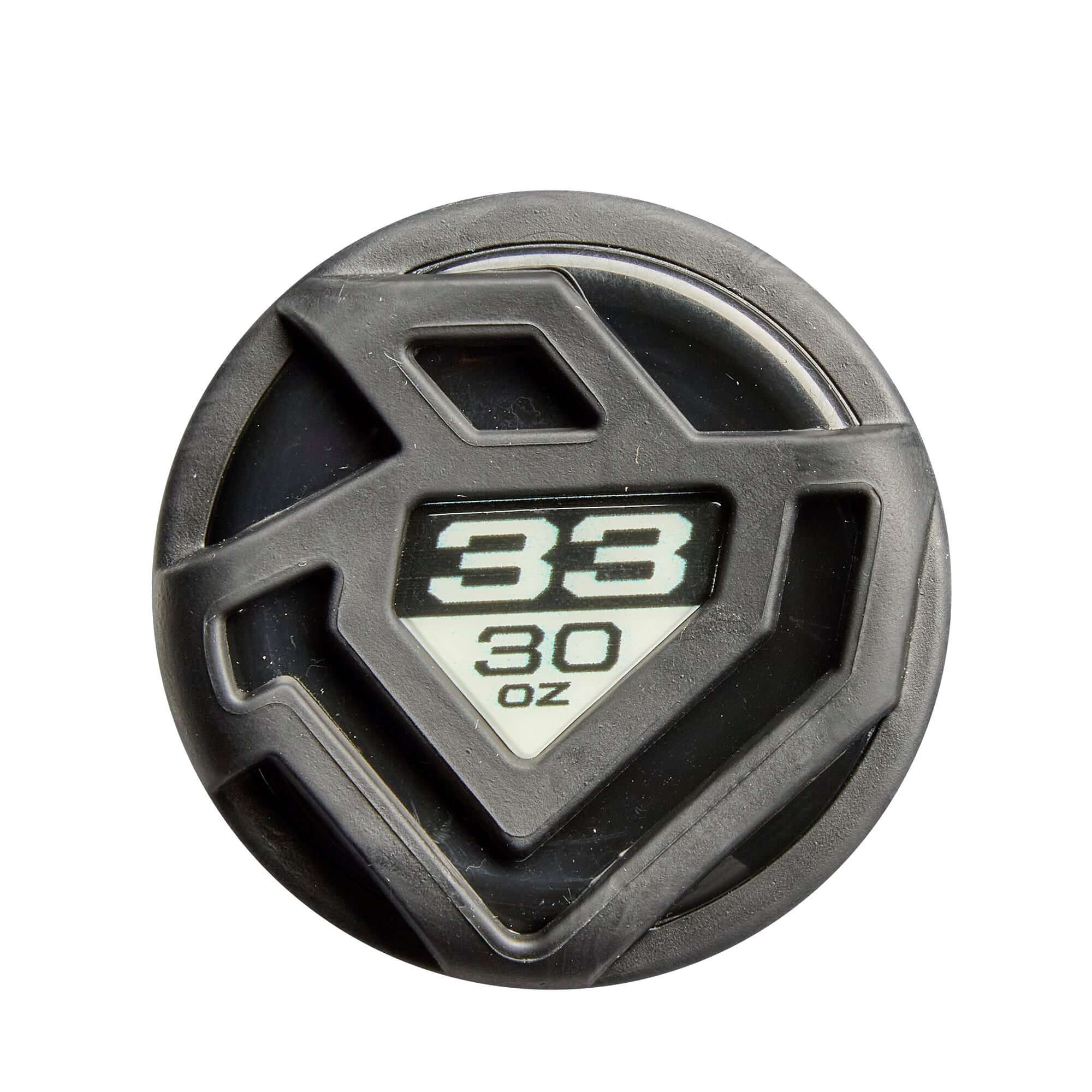 Close-up of the cap of a 30 oz DeMarini baseball bat, featuring a diamond design with the weight clearly marked.