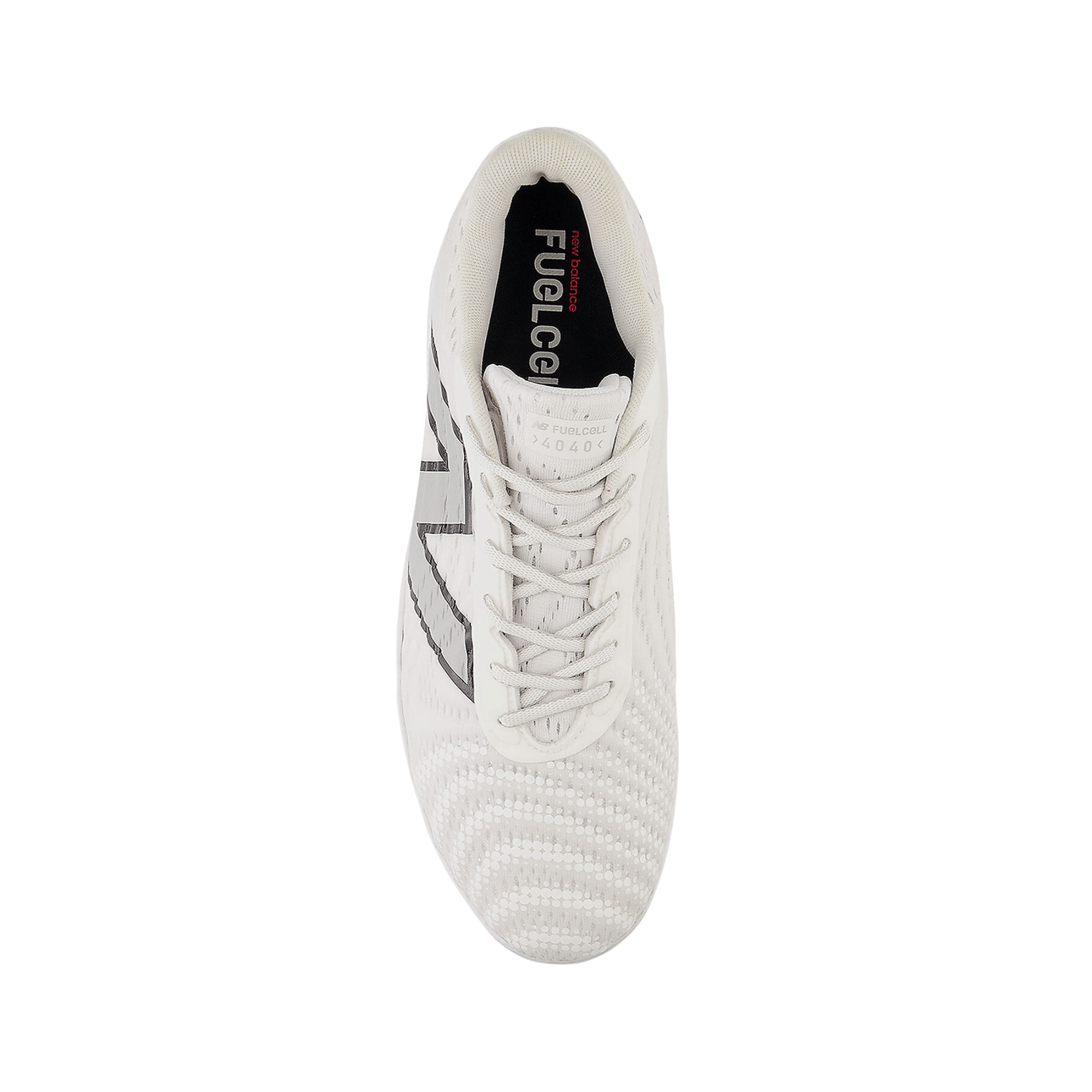 New Balance FuelCell 4040 v7 Metal optic white shoe top view with sleek design and cushioned interior.