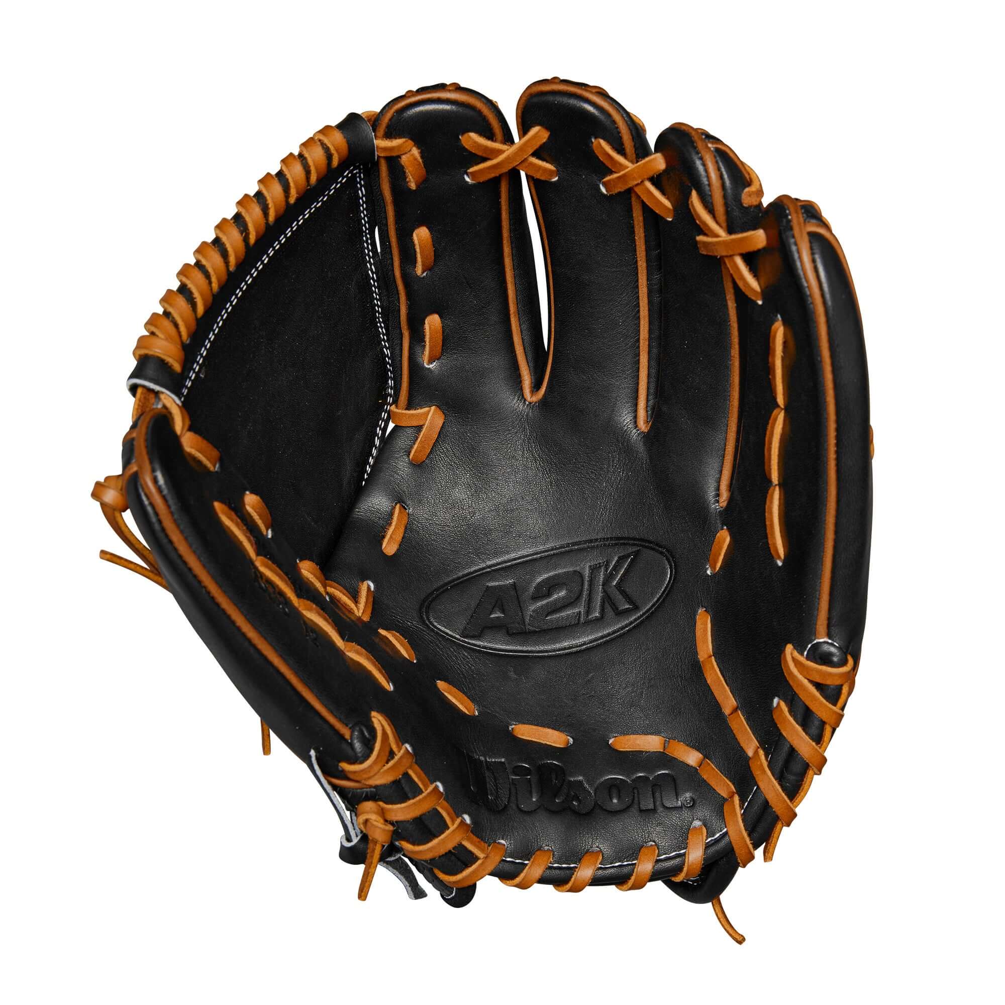 Wilson A2K B23 12" Pitcher's Baseball Glove in black and saddle tan, designed for optimal fit and performance.
