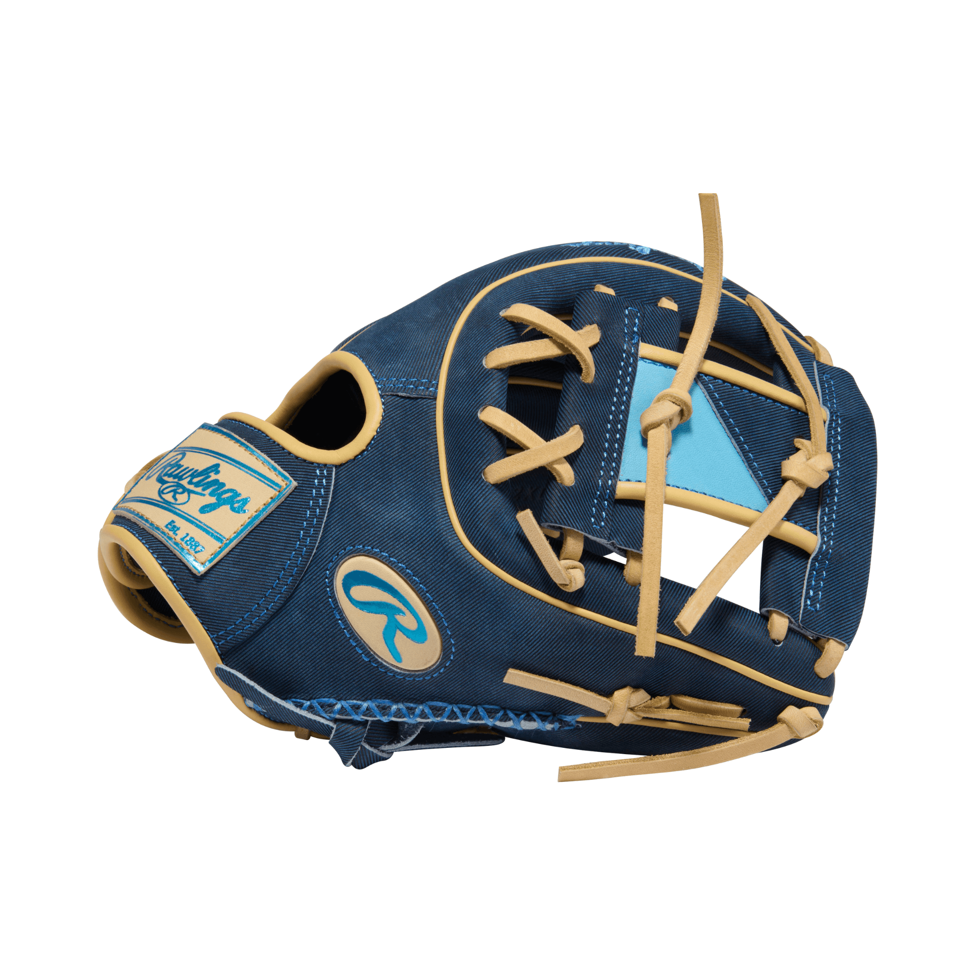 Rawlings February 2026 Gold Glove Club RGGC (GOTM) PROR314-2XDN 11.75" Glove backhand view, denim blue with tan laces