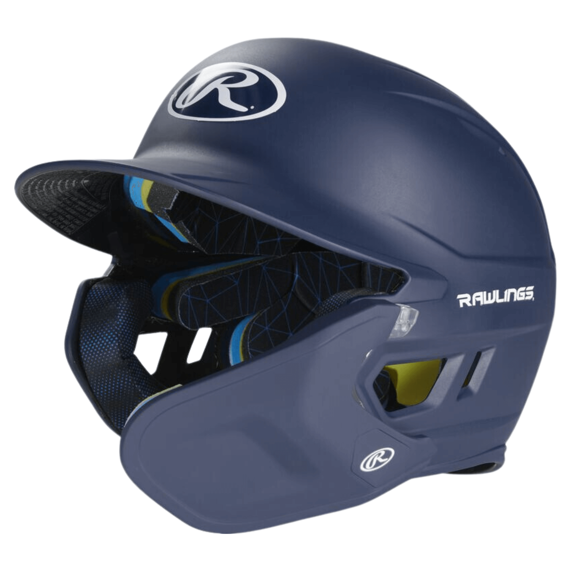 Rawlings Mach Adjust right-handed batting helmet in navy color with adjustable settings for optimal performance and visibility.