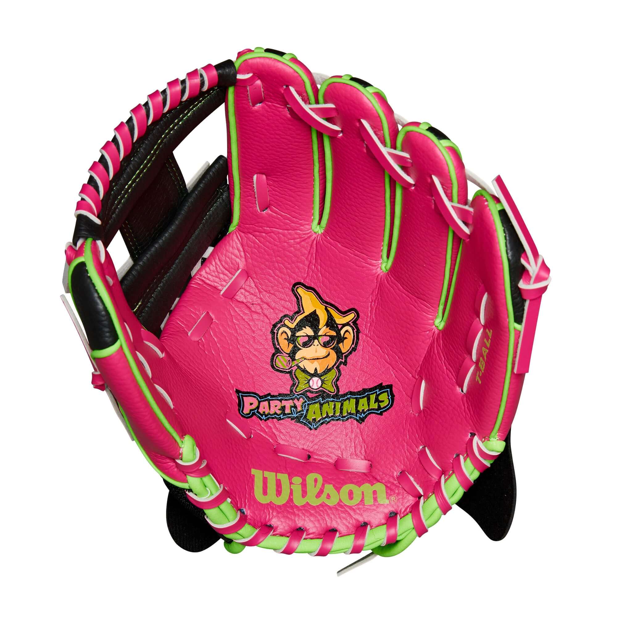 Wilson A200 Party Animals 10" glove in black and flamingo pink with playful monkey design, perfect for young players.