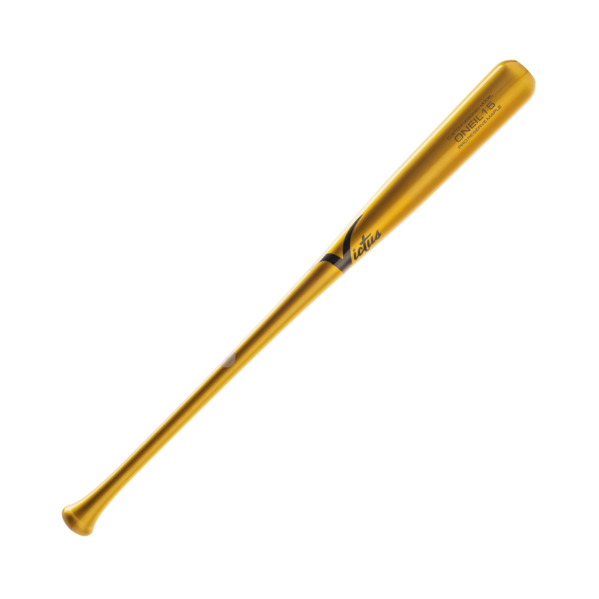 Victus ONEIL15 Gloss Gold Maple Pro Reserve baseball bat with balanced design and thin handle, ideal for players.
