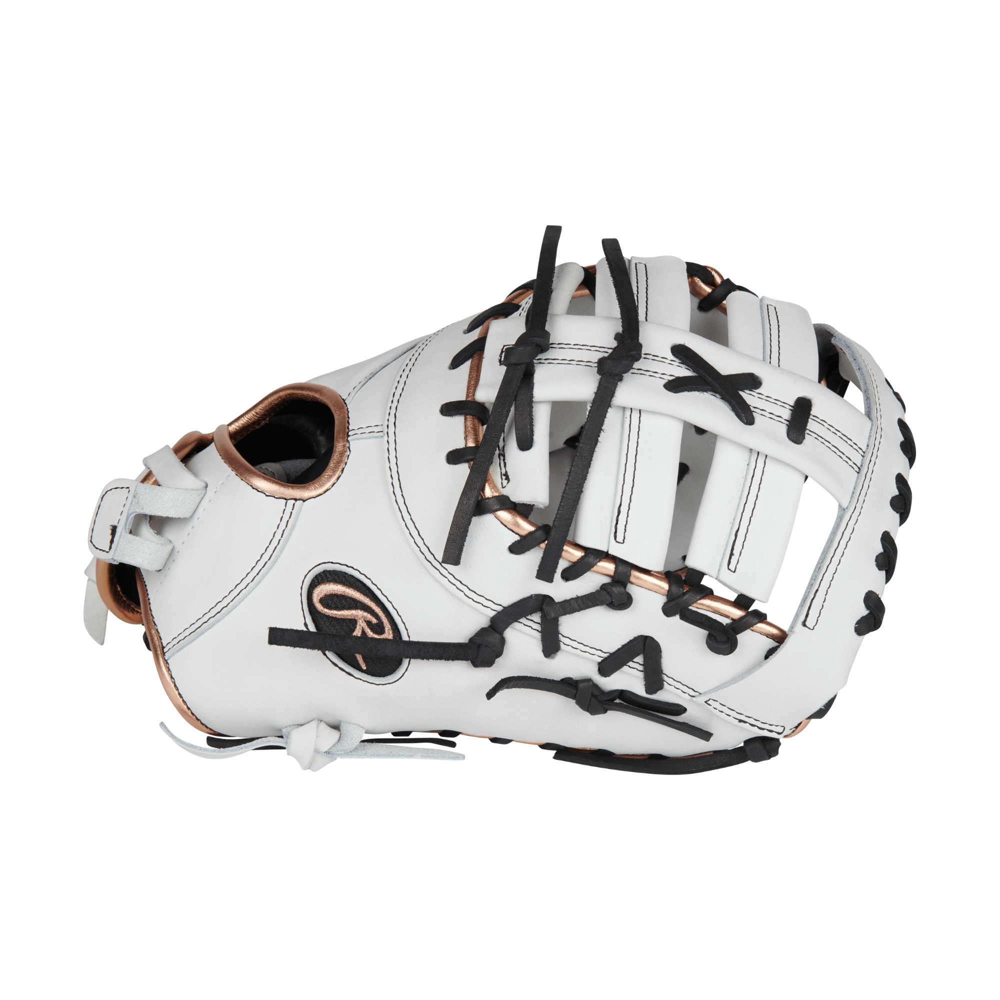 Rawlings Heart Of The Hide 13" Fastpitch First Base Mitt Glove in white with black laces and cushioned thumb sleeve.