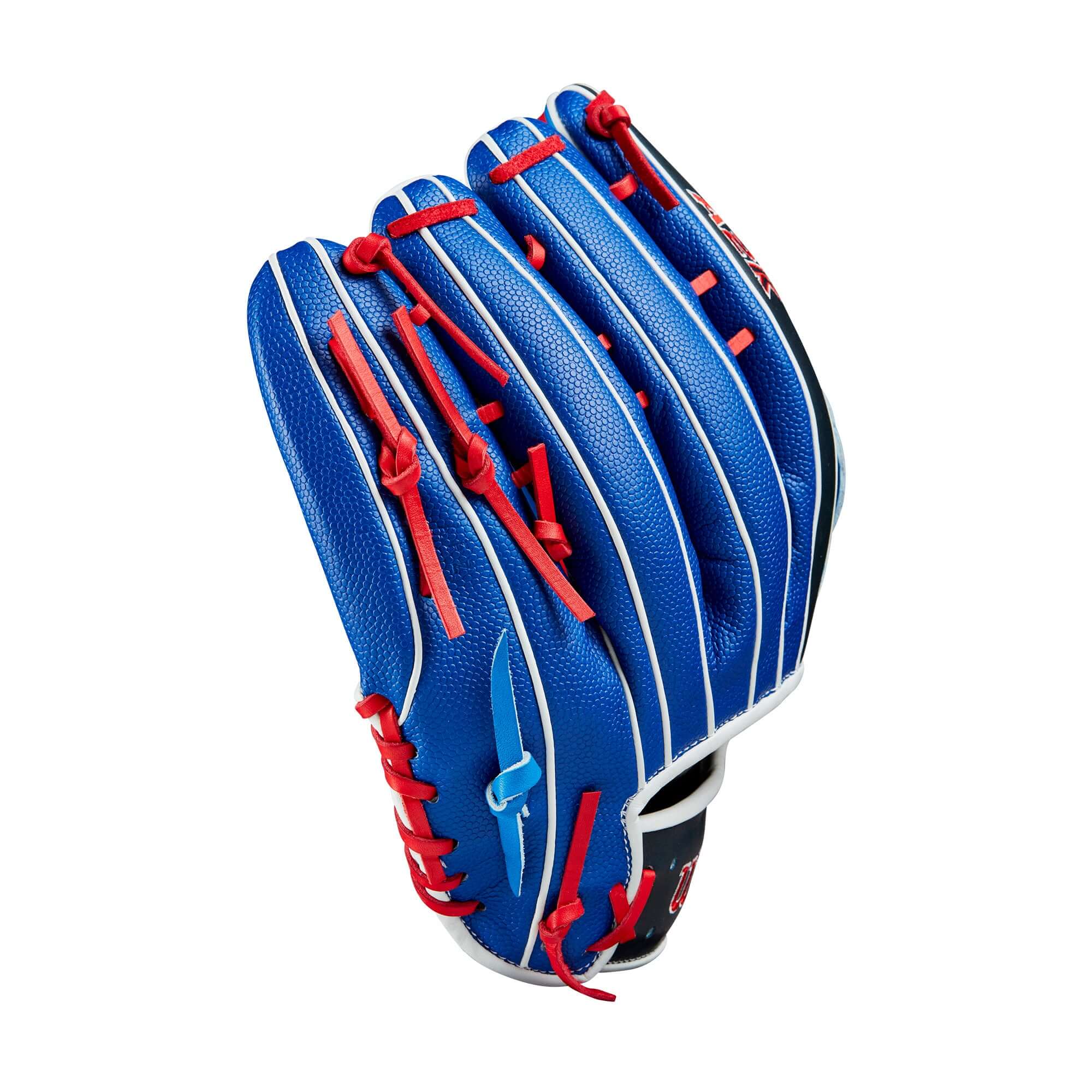 Wilson A2K Mookie Betts LHT 12.5" baseball glove in blue with red accents, featuring durable leather and lightweight SuperSkin.