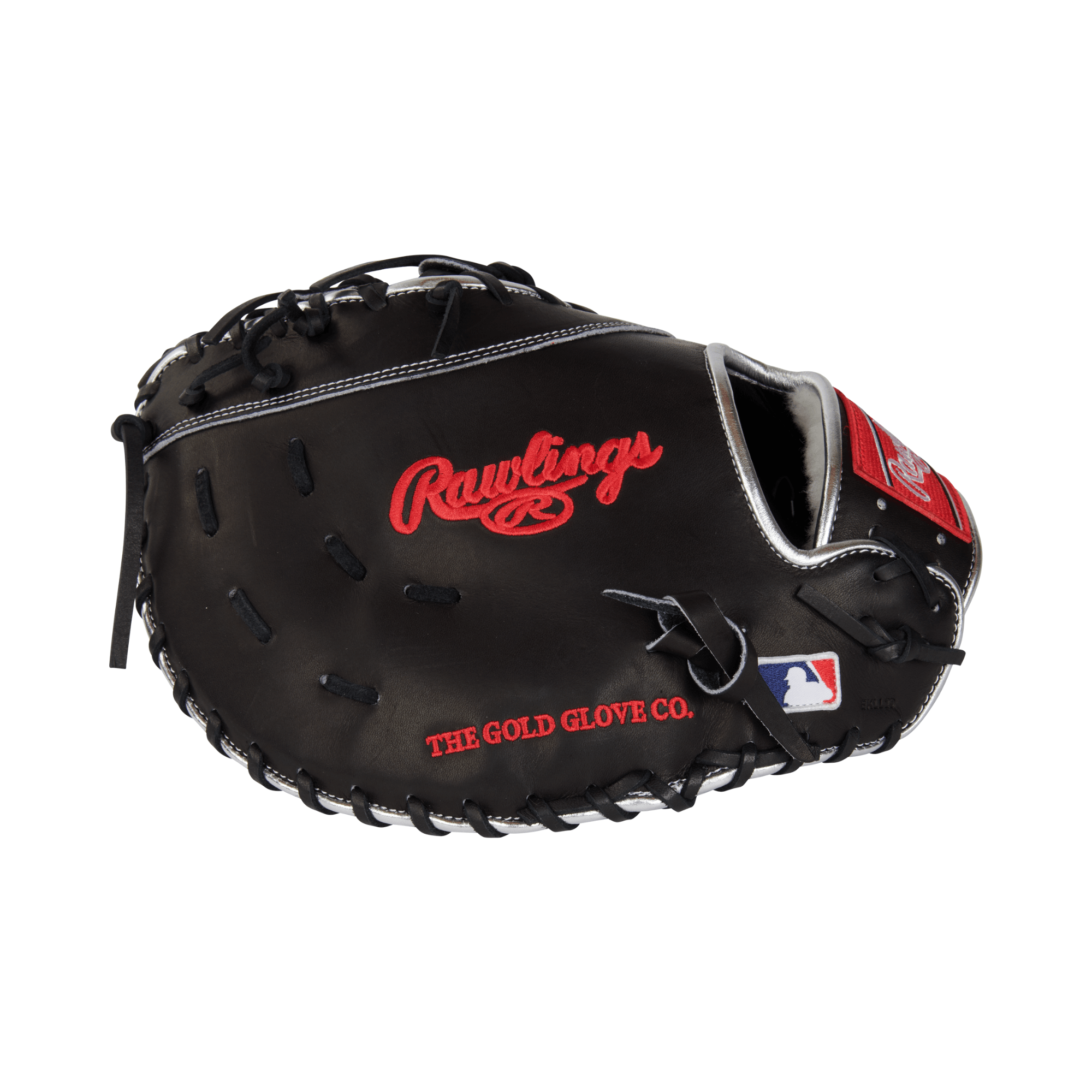 Rawlings Pro Preferred first base mitt in black leather with red accents and MLB logo, designed for optimal performance at first base.