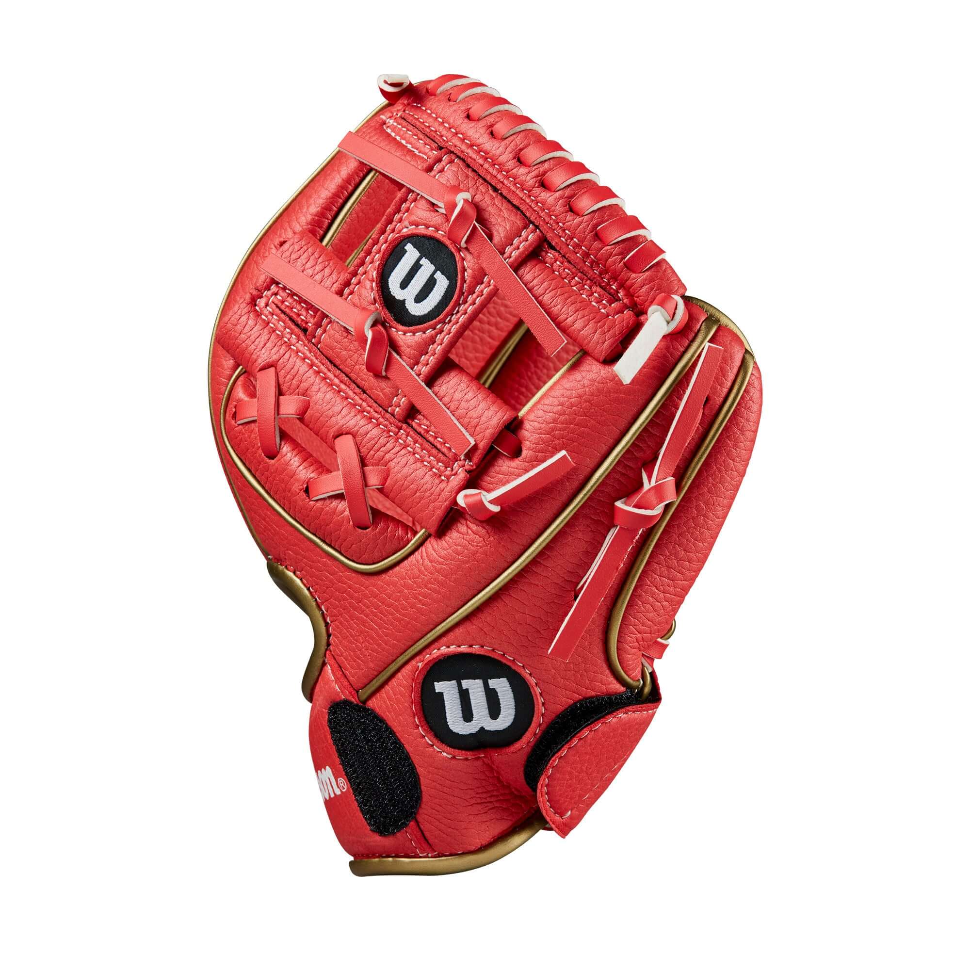Wilson 2024 A200 EZ Catch 9" T-Ball glove in red and gold, designed for young players with secure fit and catch assist strap.