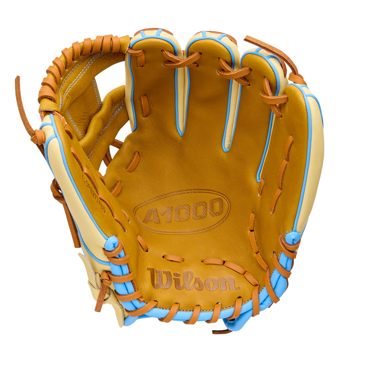 Wilson 2027 A1000 1786 11.5" Infield Baseball Glove in Saddle Tan, Blonde, Cool Blue colorway for right-hand throw