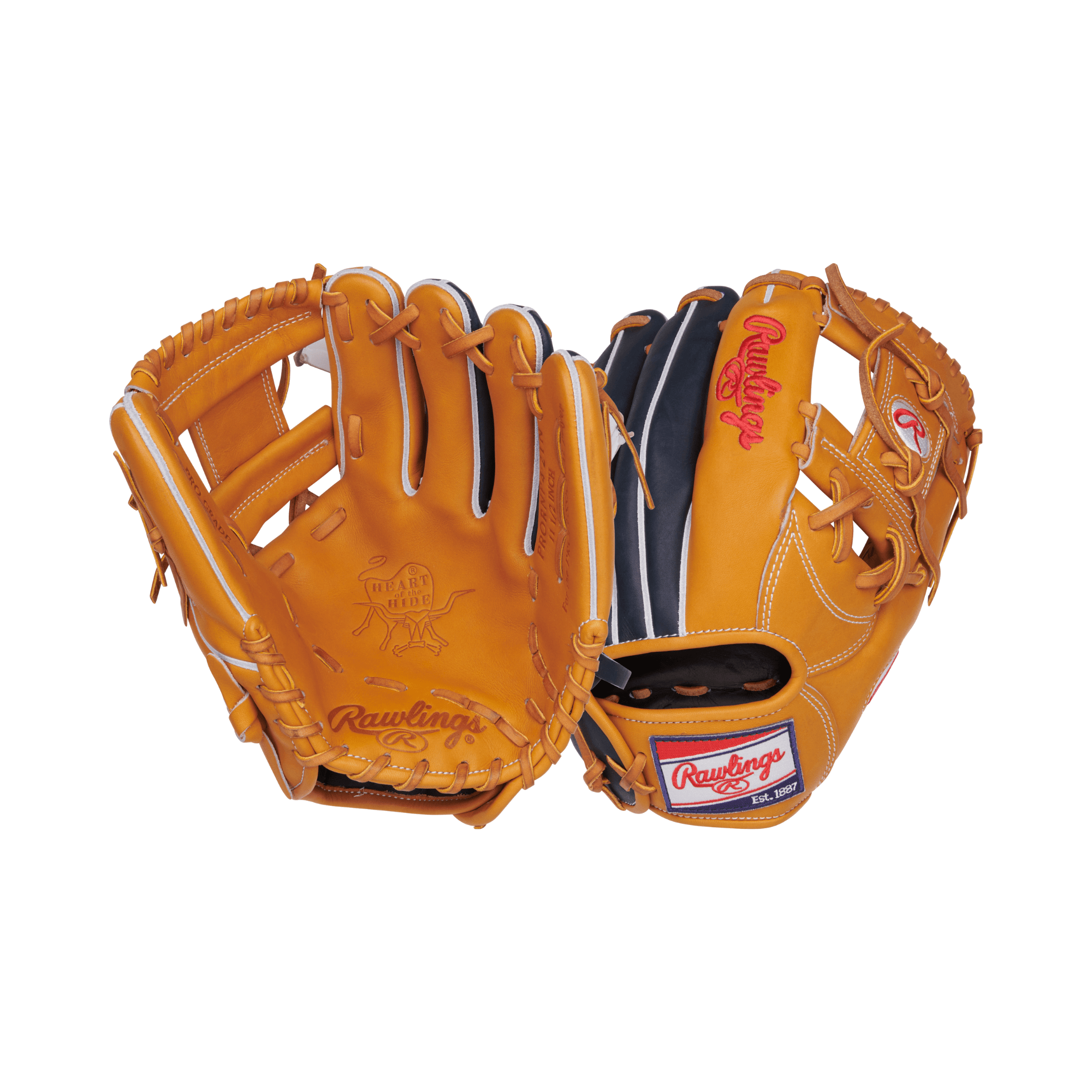 Rawlings Heart of the Hide 11.5" baseball glove in tan and navy, designed for superior control and performance.