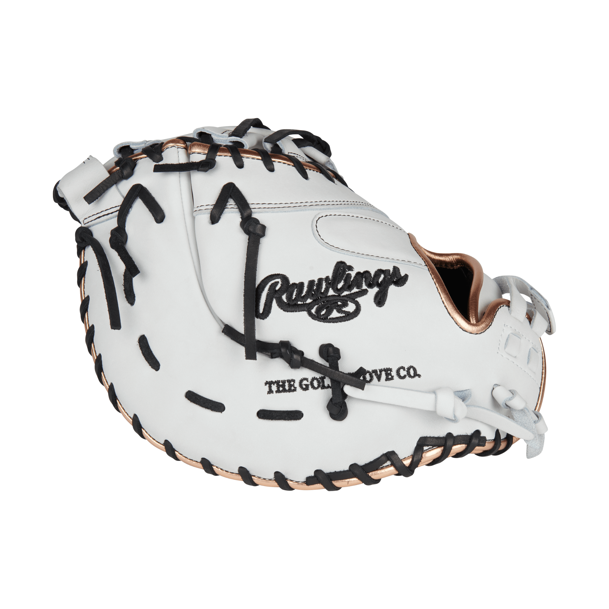 Rawlings Heart of the Hide 13" Fastpitch Softball First Base Mitt in white with black and gold accents.