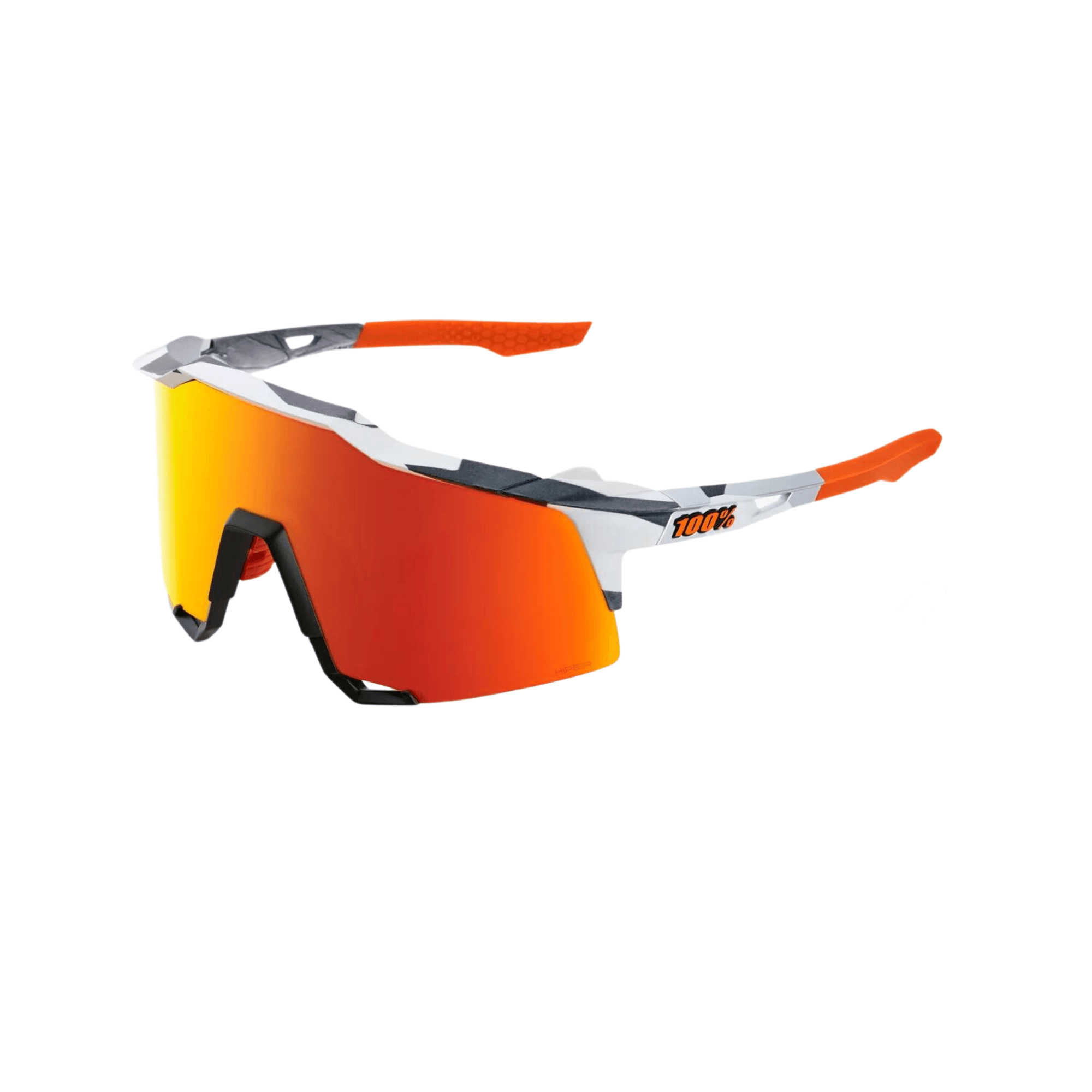100% Speedcraft sunglasses with grey camo frame and red multilayer mirror lens, designed for optimal visibility and protection.