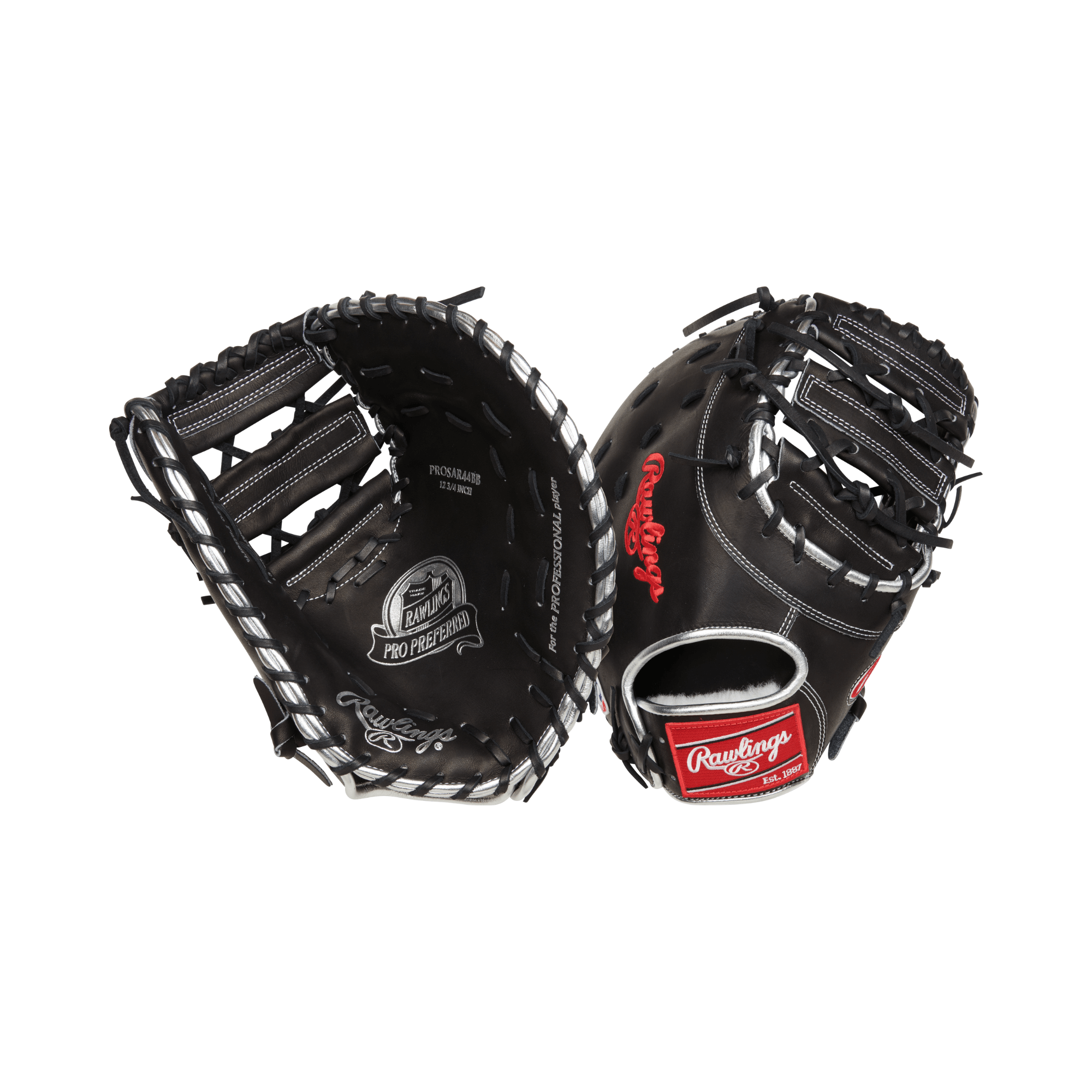 Rawlings Pro Preferred Series 12.75" first base mitt glove, black leather with red accents, showcasing superior craftsmanship.