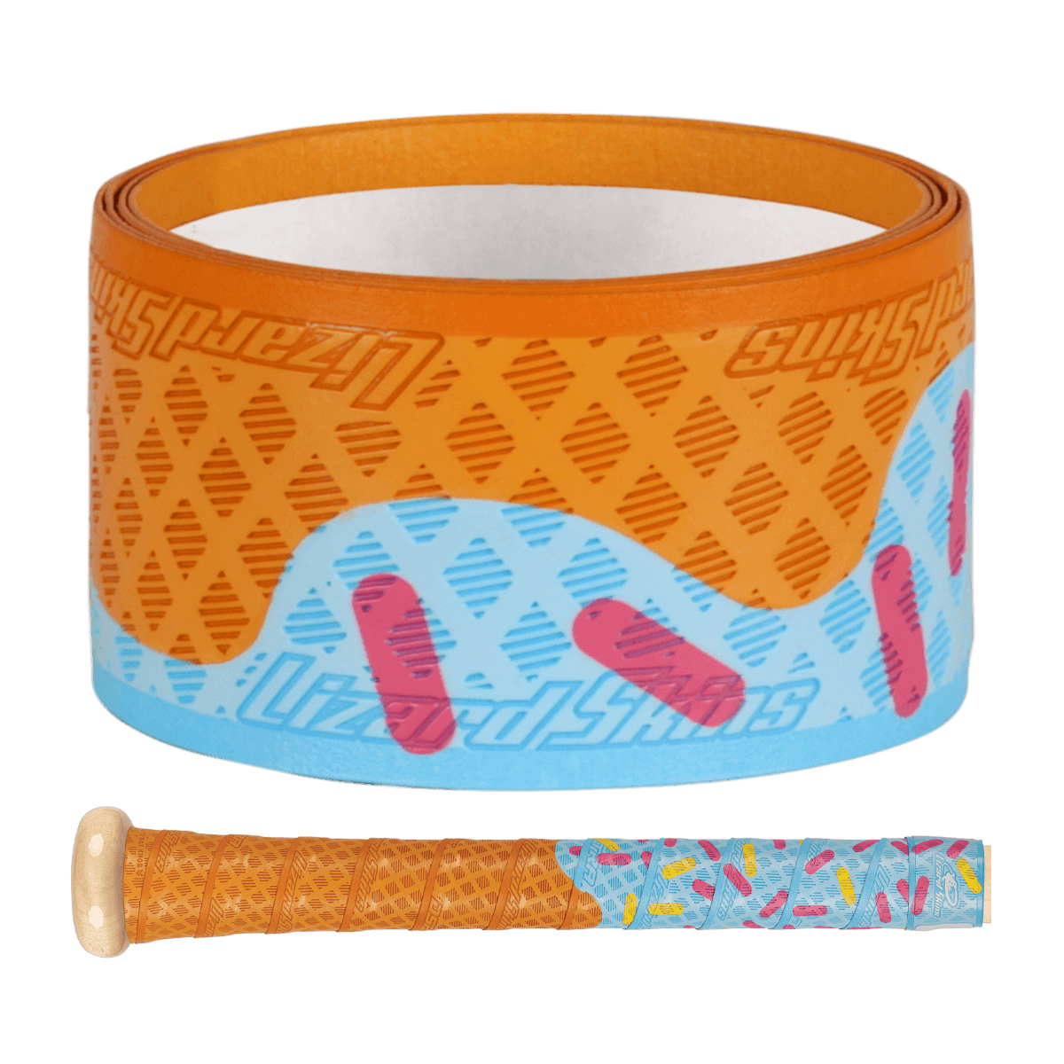 Lizard Skins DSP Ultra Bat Grip in colorful orange and blue design, featuring unique oval pattern and multi-directional ridges.