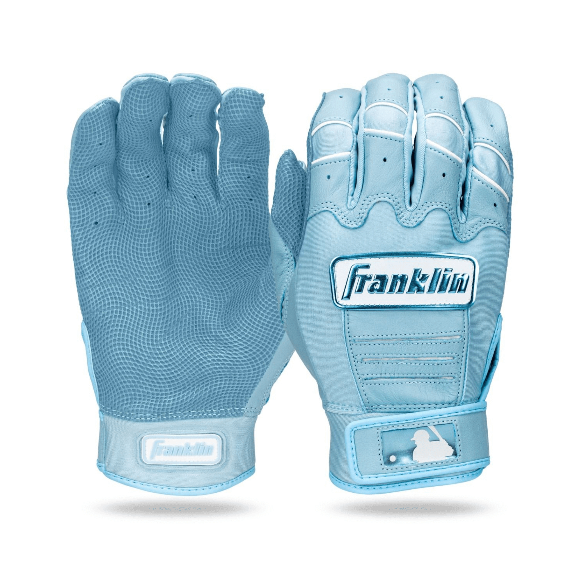 Franklin MLB CFX Hi-Lite batting gloves in Carolina Blue, made from premium sheepskin leather for durability.