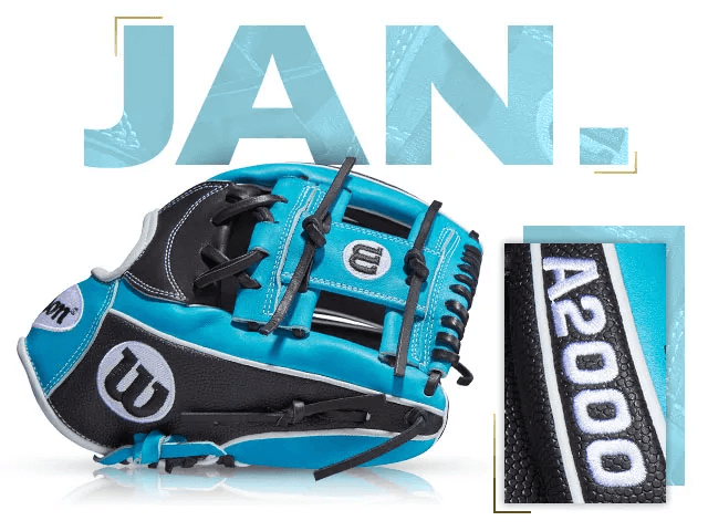 Wilson A2000 glove in black and teal, featuring custom design for January 2020 fan edition.
