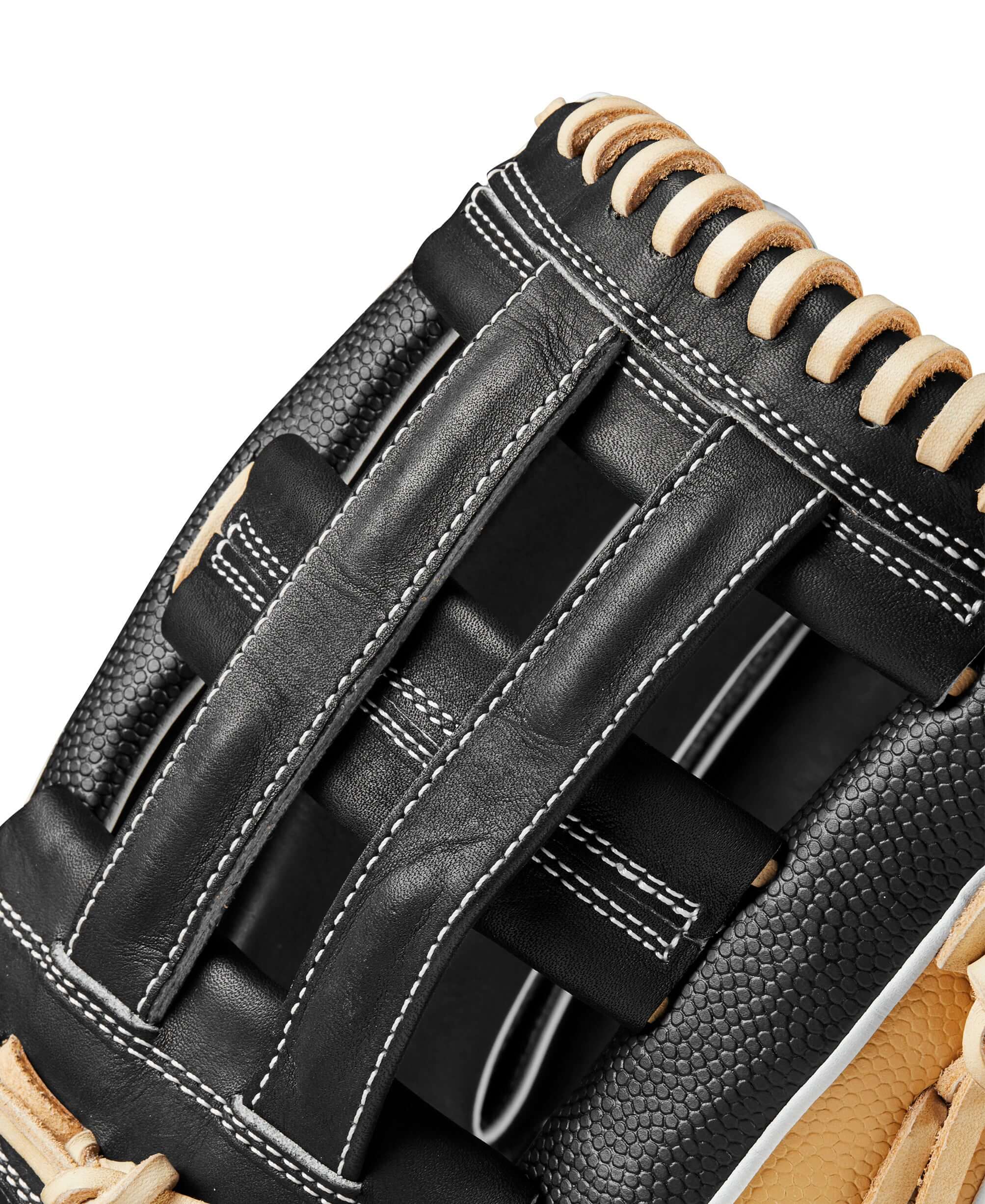 Close-up of Wilson 2024 A2000 PF50SS outfield glove showcasing the Dual Post Web and SuperSkin™ material.
