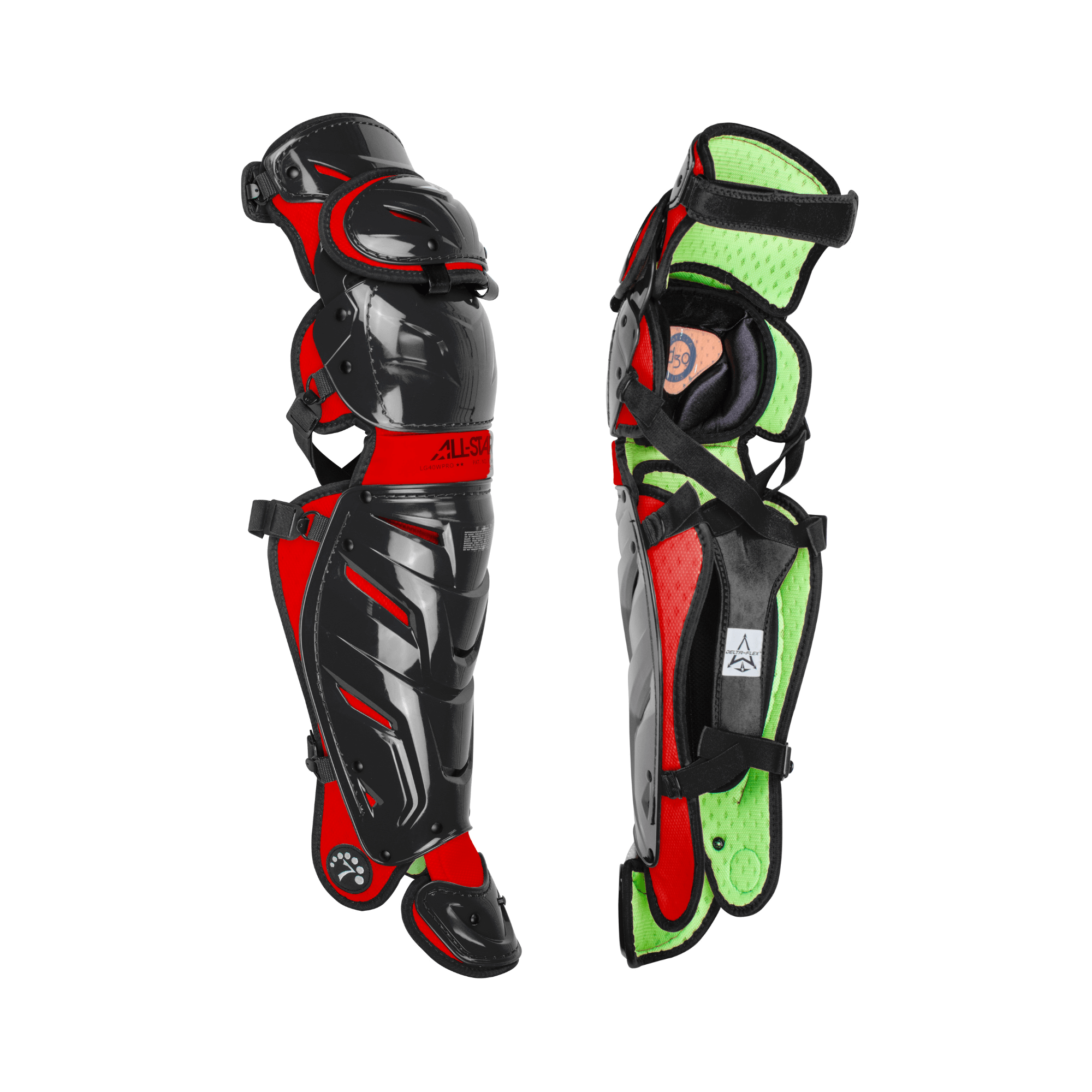 All-Star S7 adult leg guards in black and red, featuring LINQ hinge for mobility and ergonomic design for catchers.