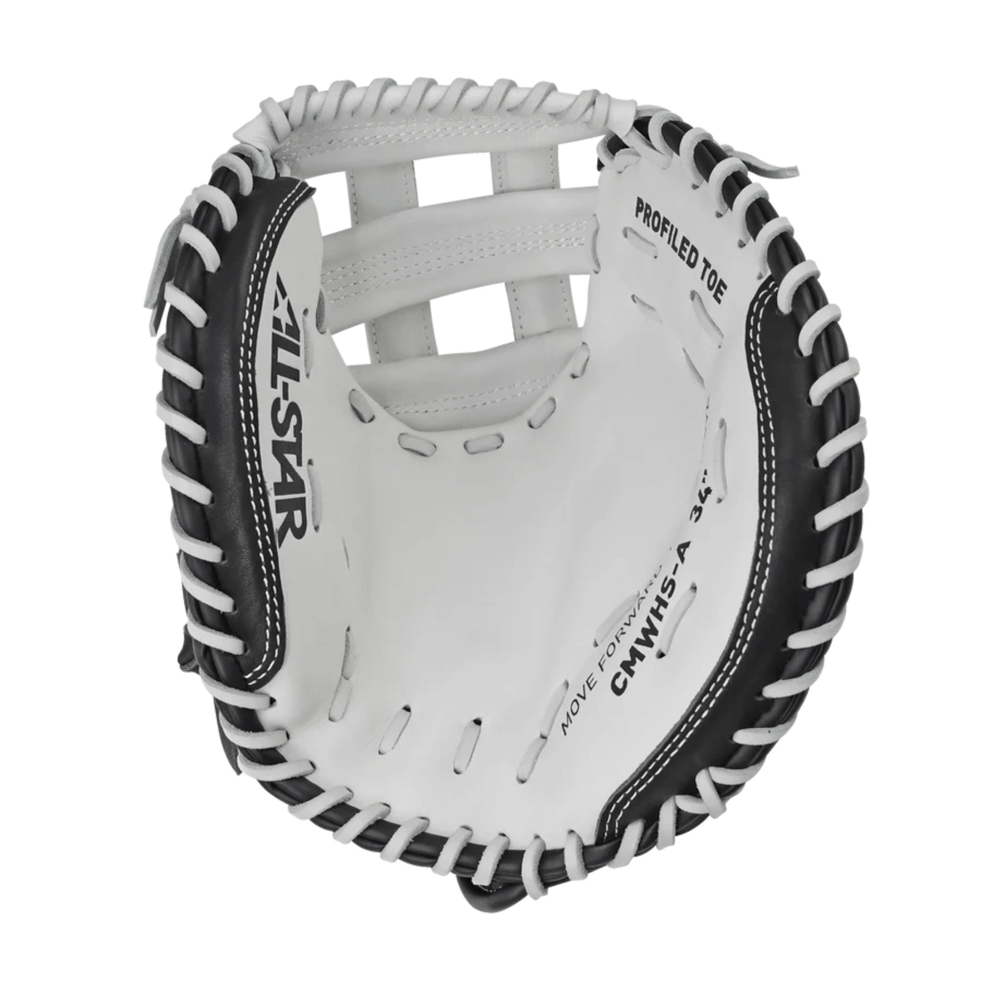 Inside view of All-Star Heiress fastpitch catcher's mitt showing the profiled toe and durable construction details.