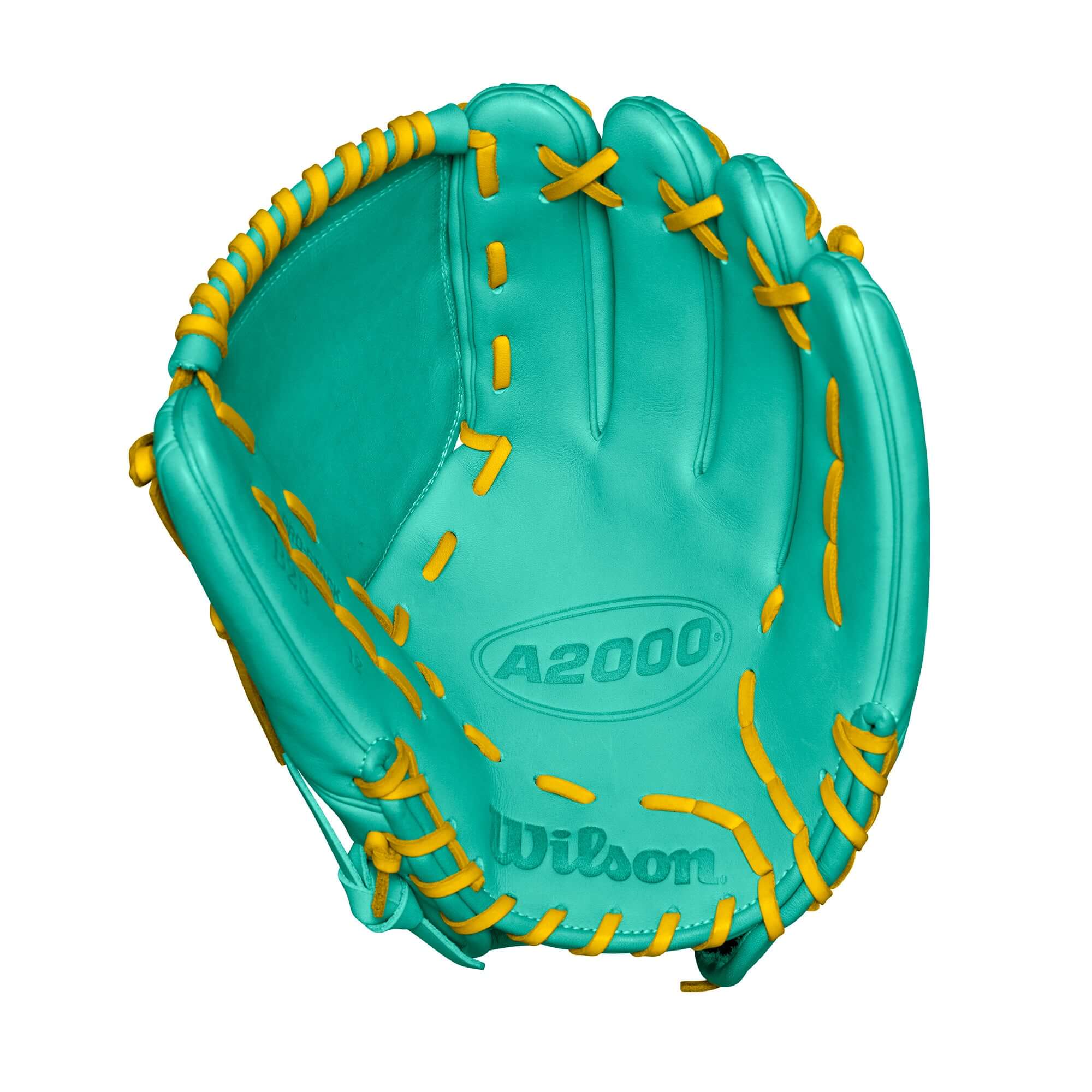 Wilson A2000 B23 12" Pitcher's Baseball Glove in turquoise with yellow stitching, designed for secure fit and durability.
