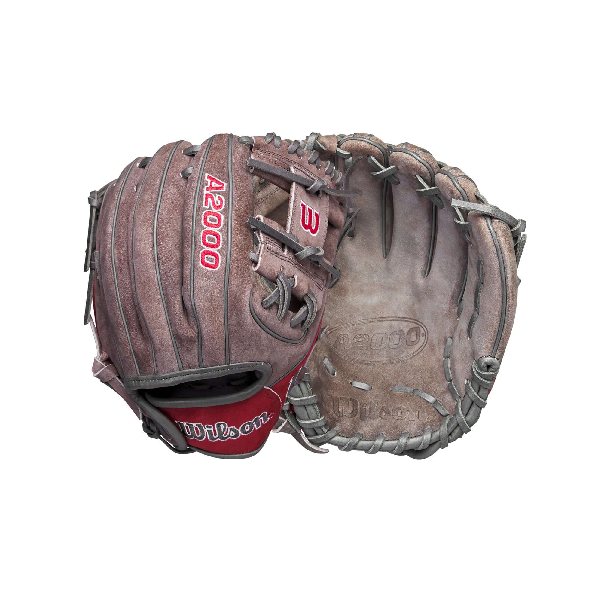 Wilson A2000 GOTM December 2023 glove, 11.25" Pedroia Fit, Coal and Red Pro Stock leather, ideal for young players.