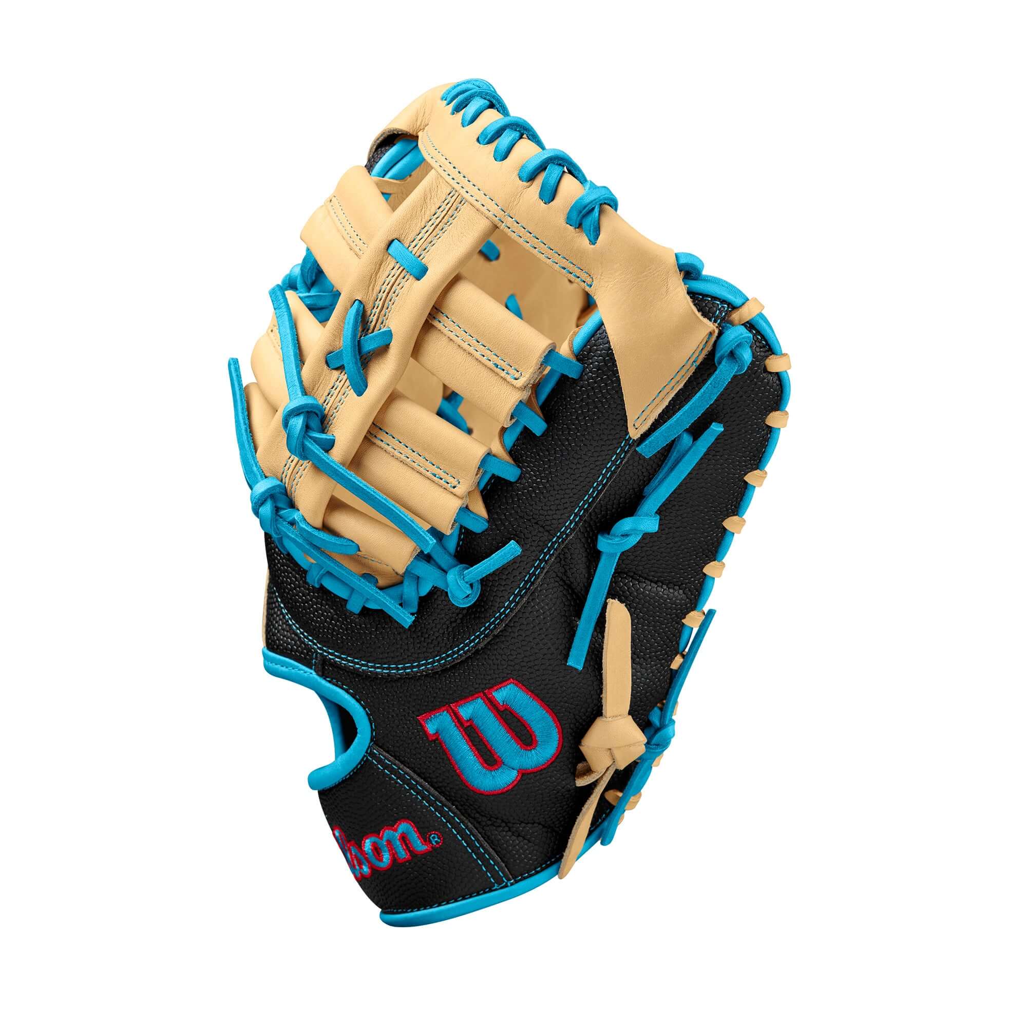 Wilson A2000 1679SS 12.5" first base mitt in black and sky blue, designed for catching and securing baseballs.