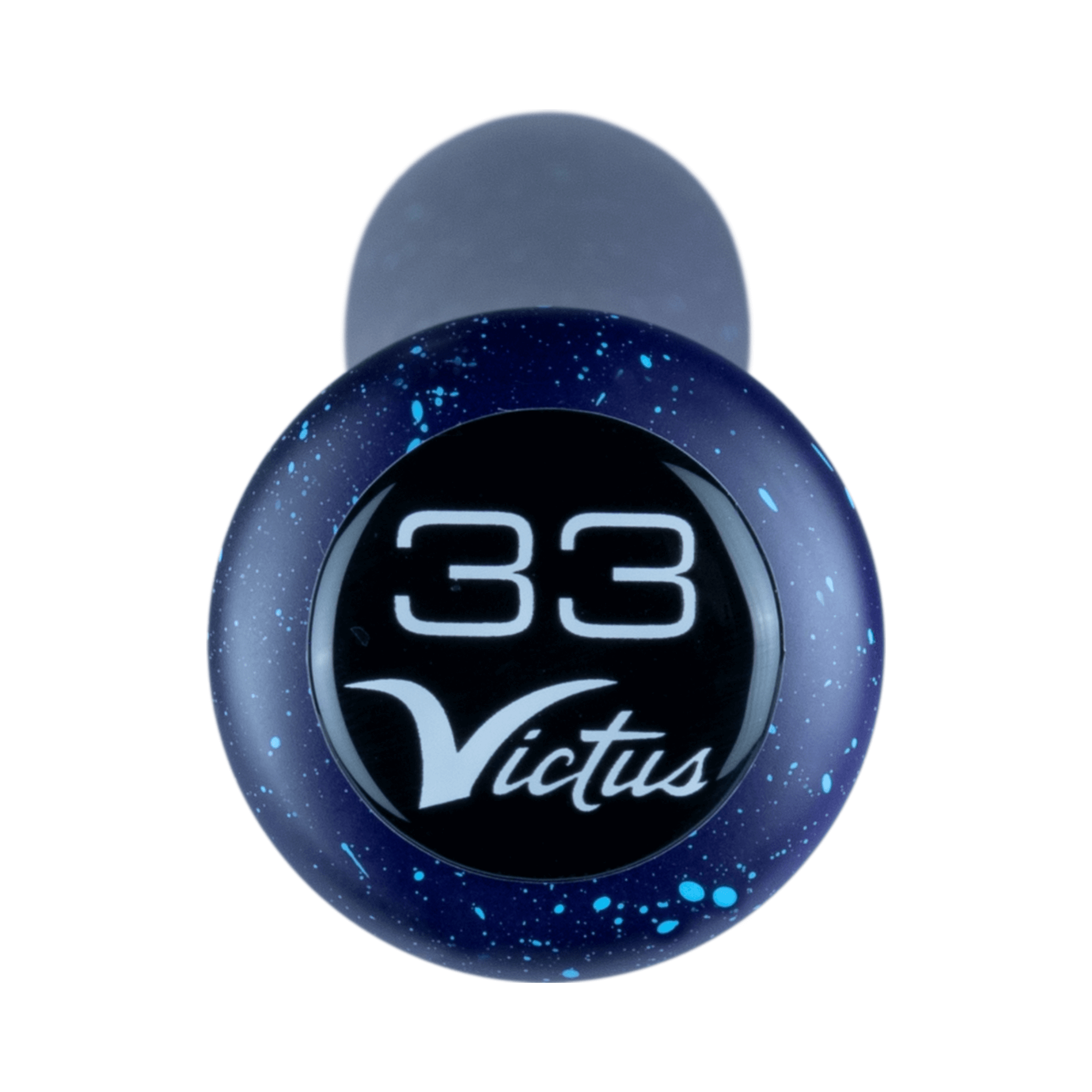 Top view of the Victus JROD SHOW baseball bat knob with black logo and blue speckled design.