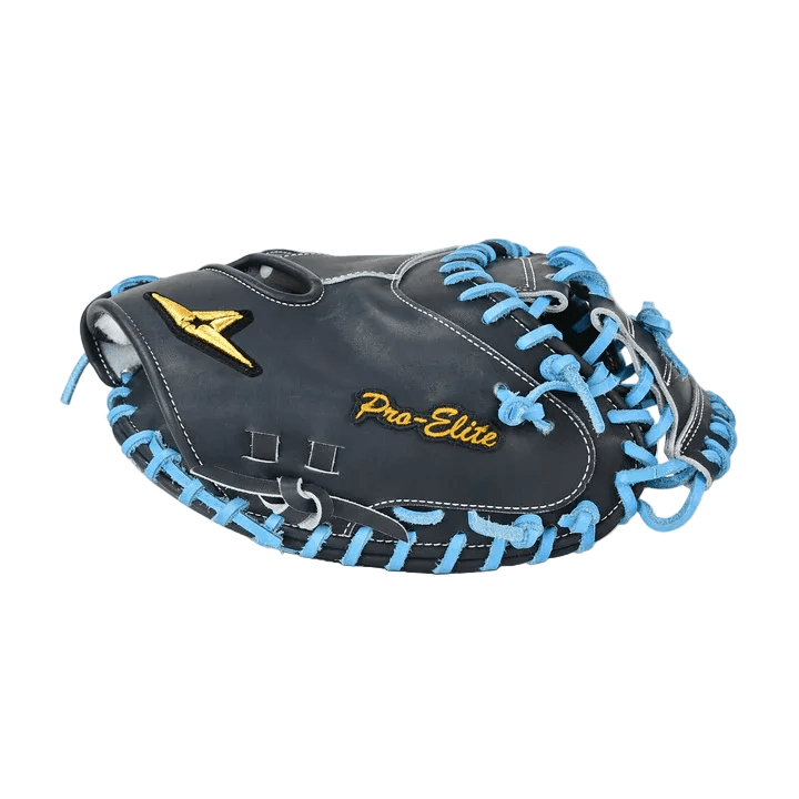 All-Star Pro-Elite Japan 34" Catchers Mitt Open Back Navy/Sky Blue, side view with blue lacing and Pro-Elite logo