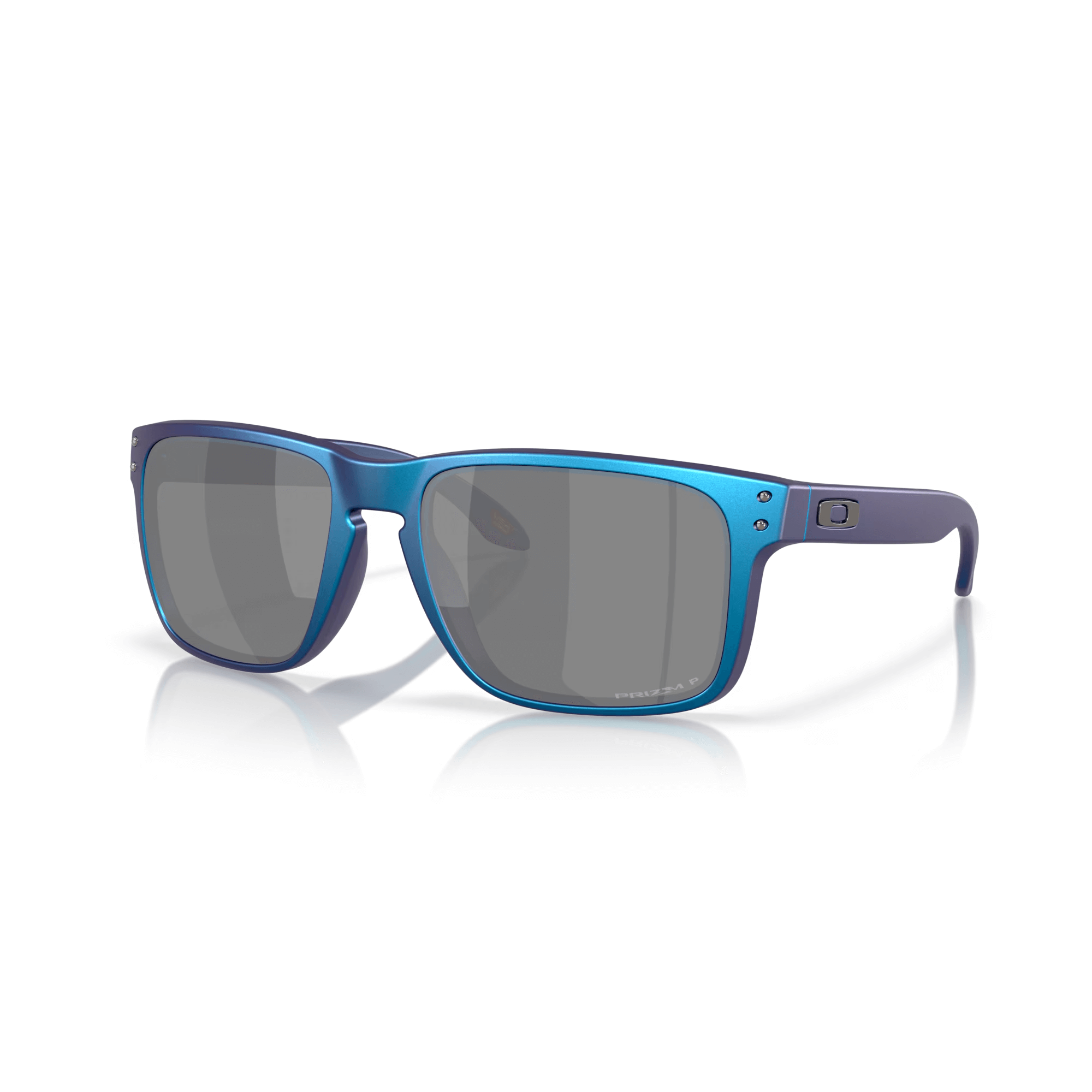 Oakley Holbrook XL sunglasses with matte cyan/blue frame and Prizm black polarized lenses, perfect for larger faces.