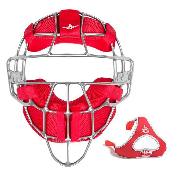 All-Star Axis Traditional Face Mask in red with magnesium frame and chin pad, designed for catchers' protection and comfort.
