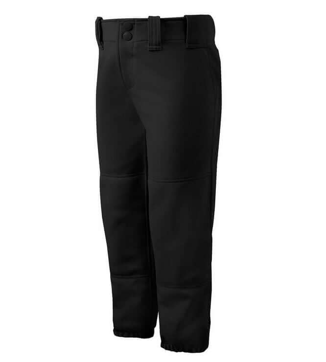 Mizuno Girls Belted Pant in black featuring double knee construction and moisture-wicking DRYLITE technology.