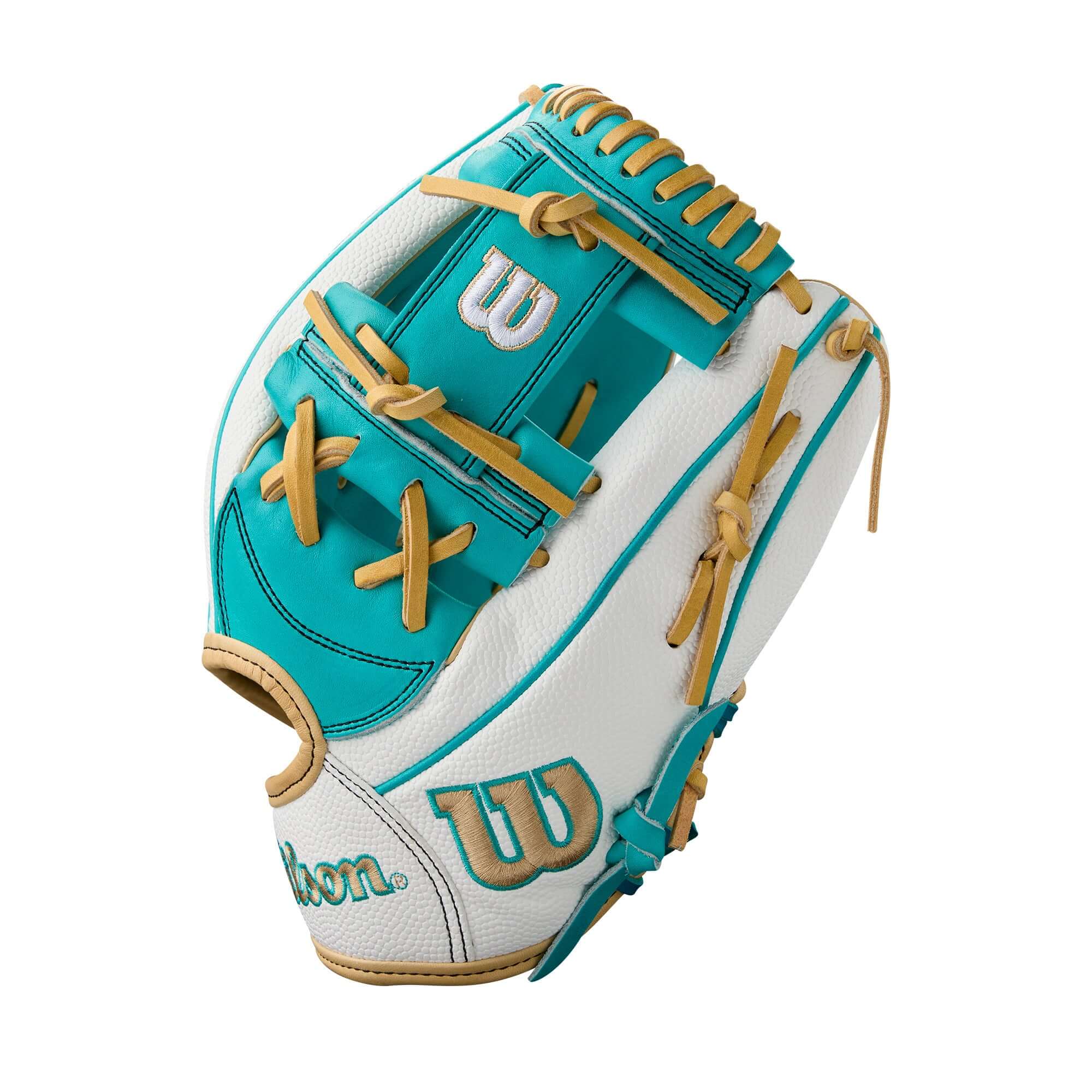 Wilson Summer 2025 A2000 H12SS infield glove in teal and white, outside pocket view.