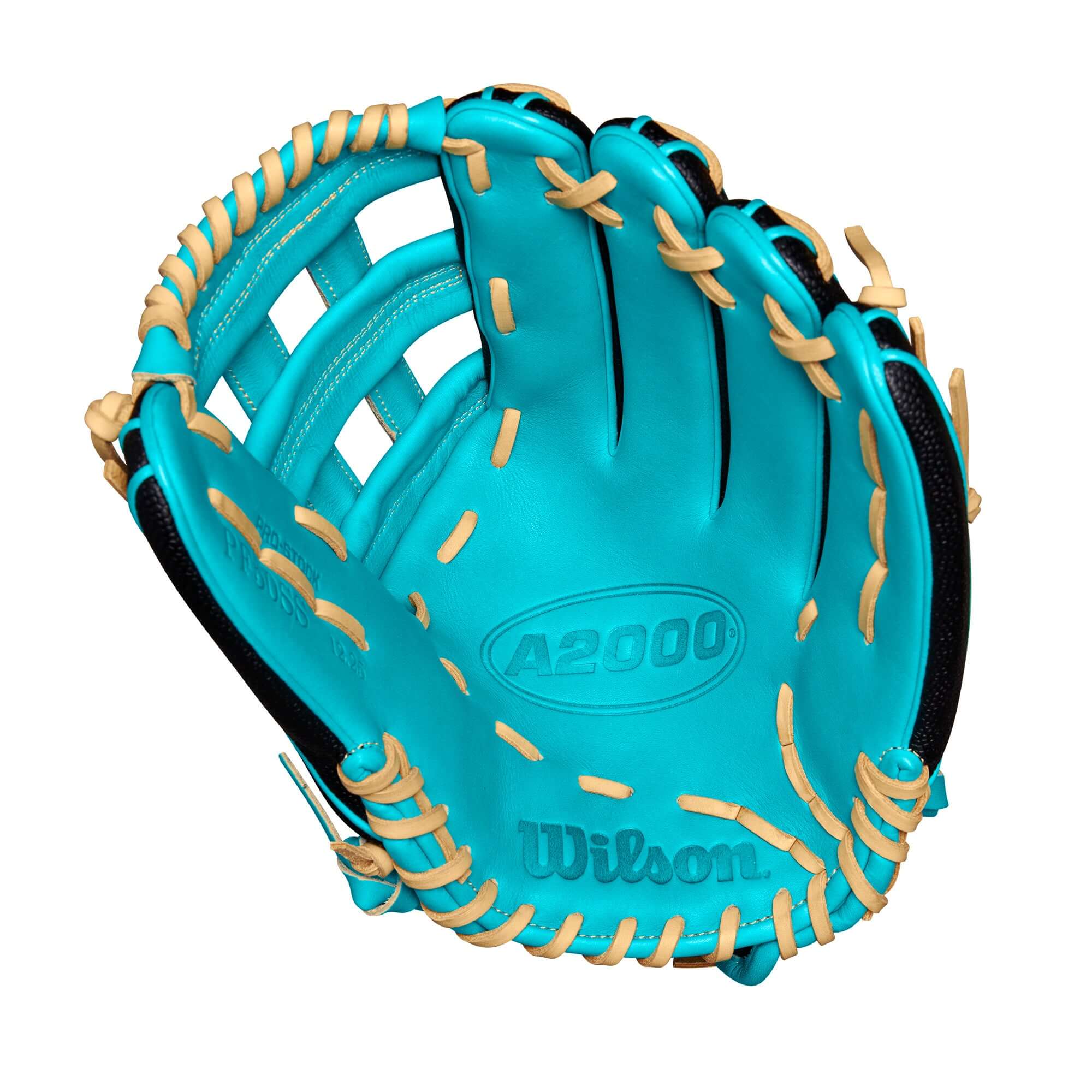 Wilson A2000 PF50SS outfield baseball glove in black and teal, showcasing Pedroia Fit Technology for smaller hands.