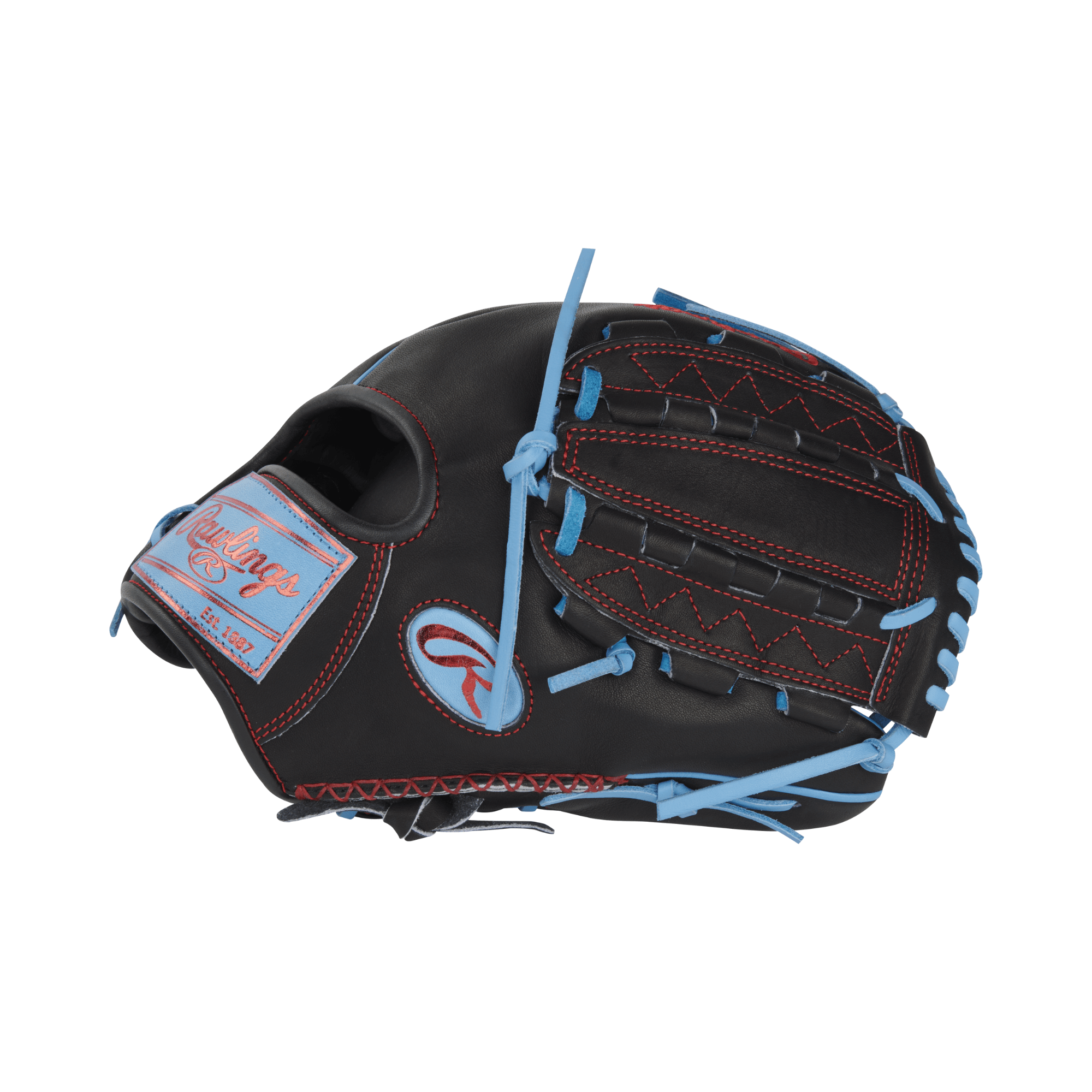 Rawlings Heart of the Hide Color Sync 8.0 baseball glove in black with blue accents, 11.75 inches, side view.