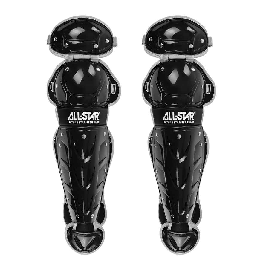 All-Star Future Star Series catcher's leg guards for youth baseball, designed for players aged 7-9, in black color.