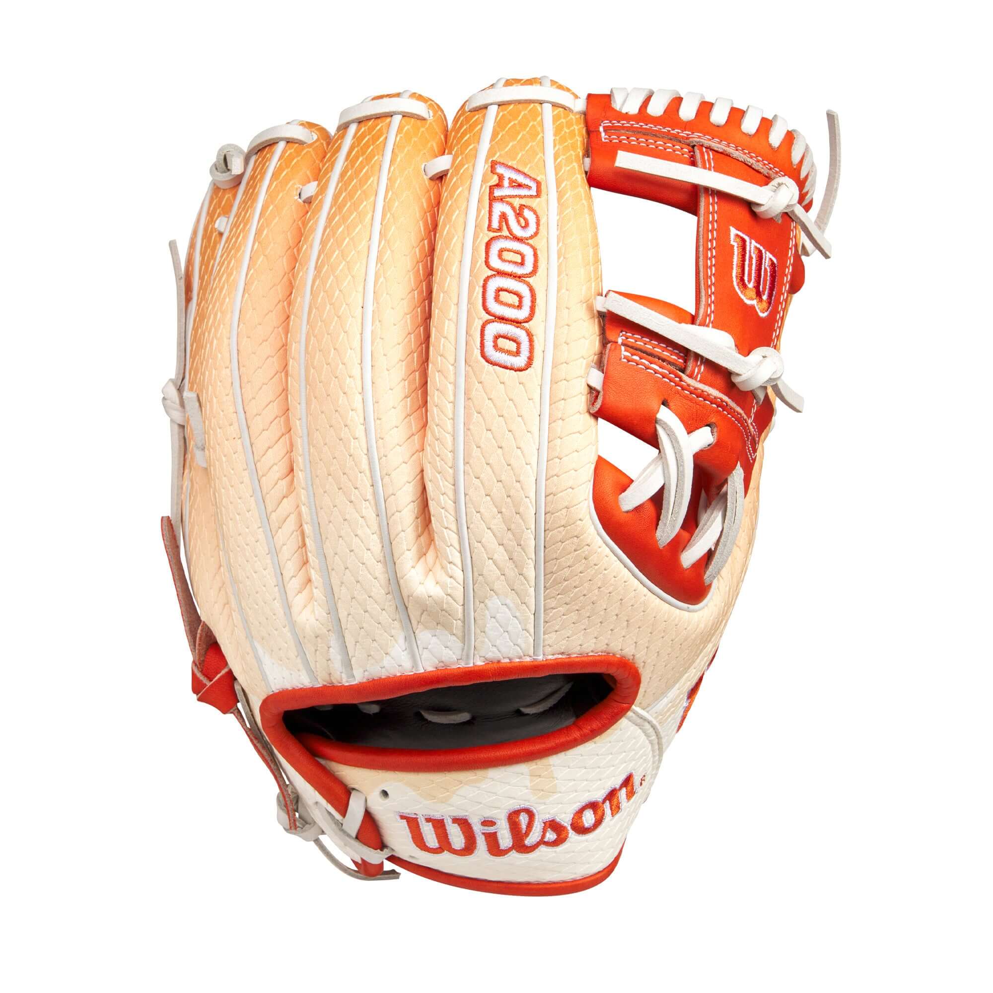 Wilson A2000 1975SS infield baseball glove in citrus colors, ideal for line drives and backhand plays.