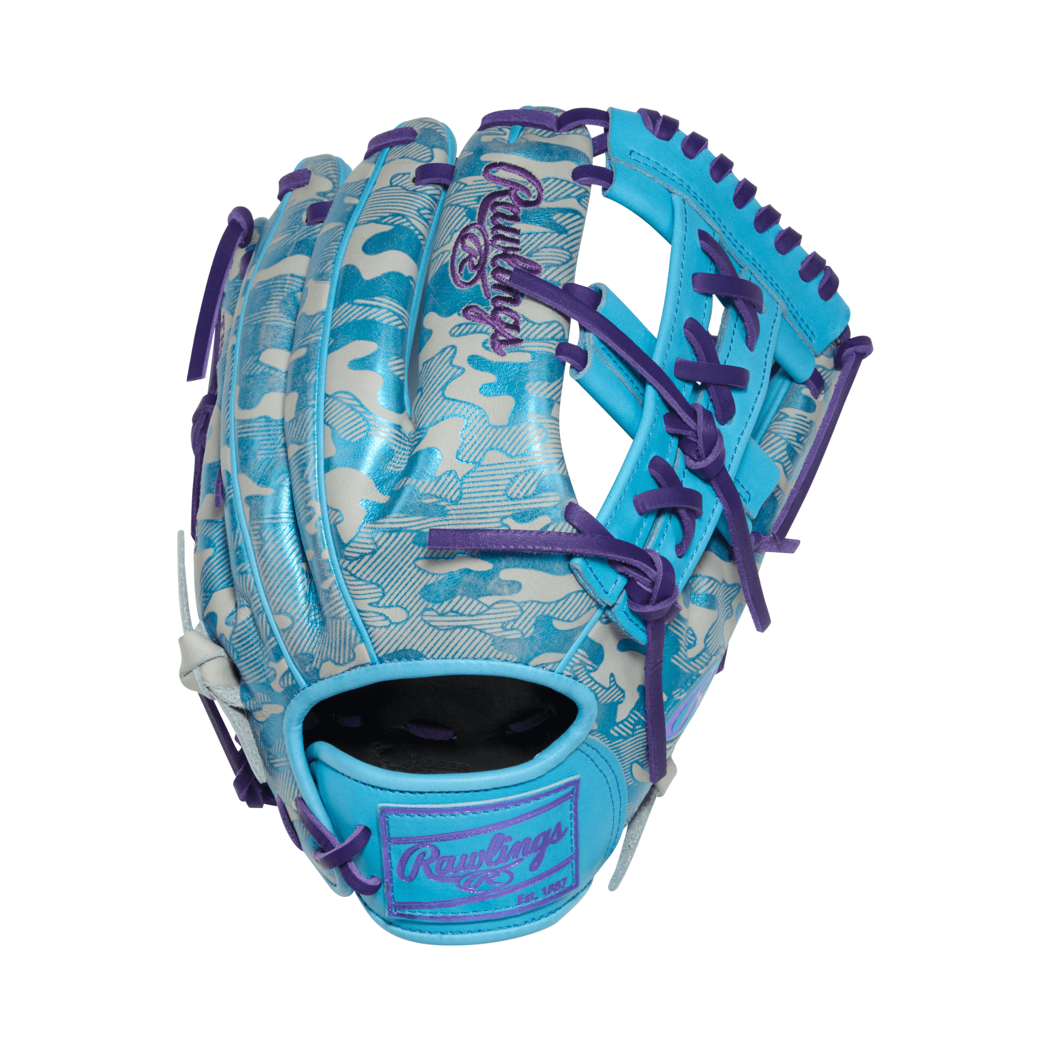 Back of Rawlings PROR205U-32CBG glove showing camo-stamped shell, purple laces, and Columbia blue Rawlings patch.