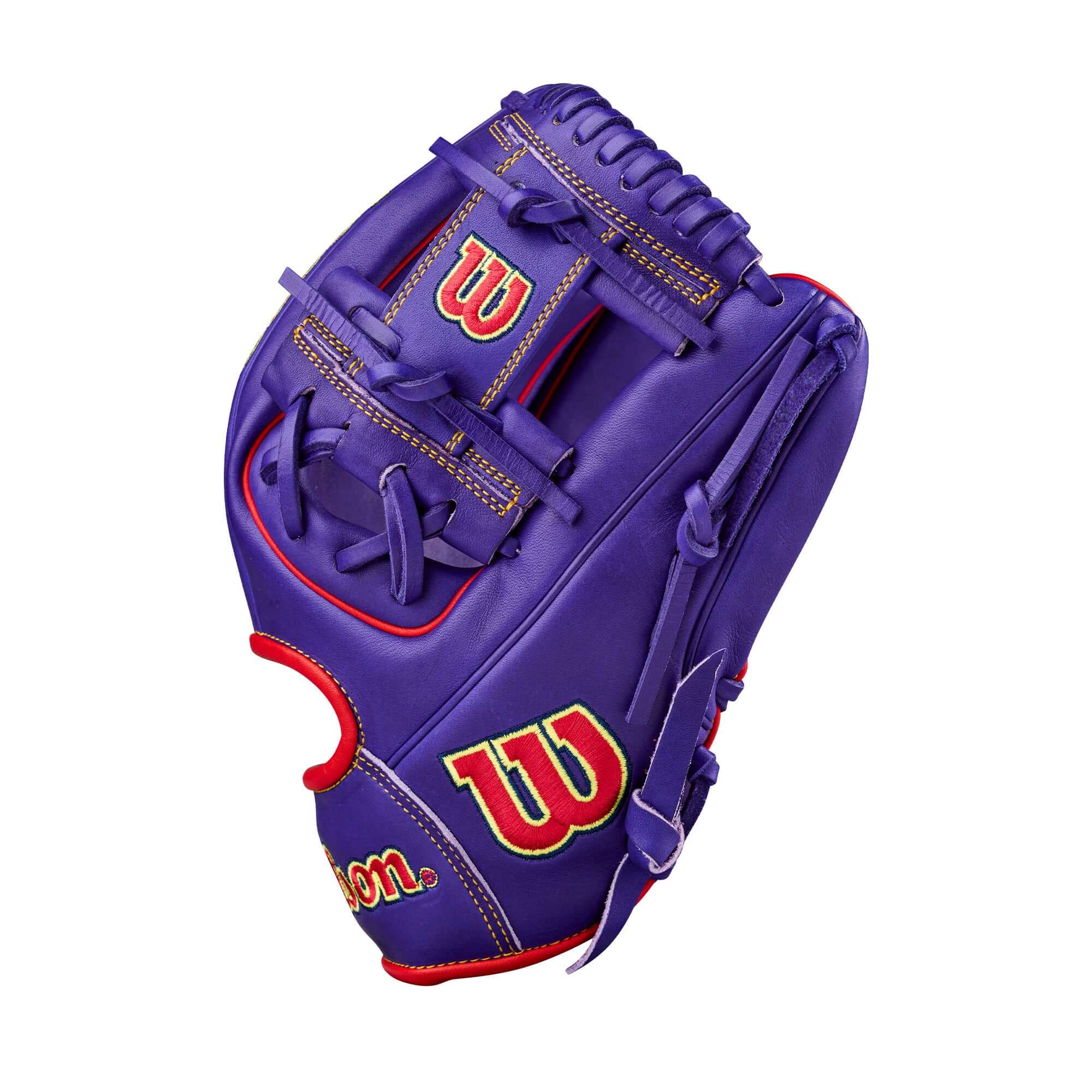 Backhand view of Wilson Ground Ball Grape A2000 1786 11.5" Infield Baseball Glove with red and yellow accents