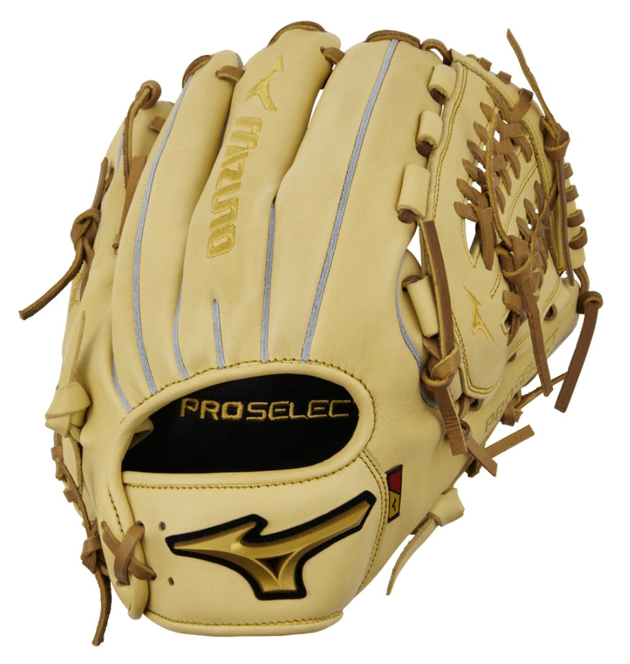 Mizuno GPS-10D Pro Select Premium Pitchers Glove 12" in Steerhide leather with gold accents and lacing details.